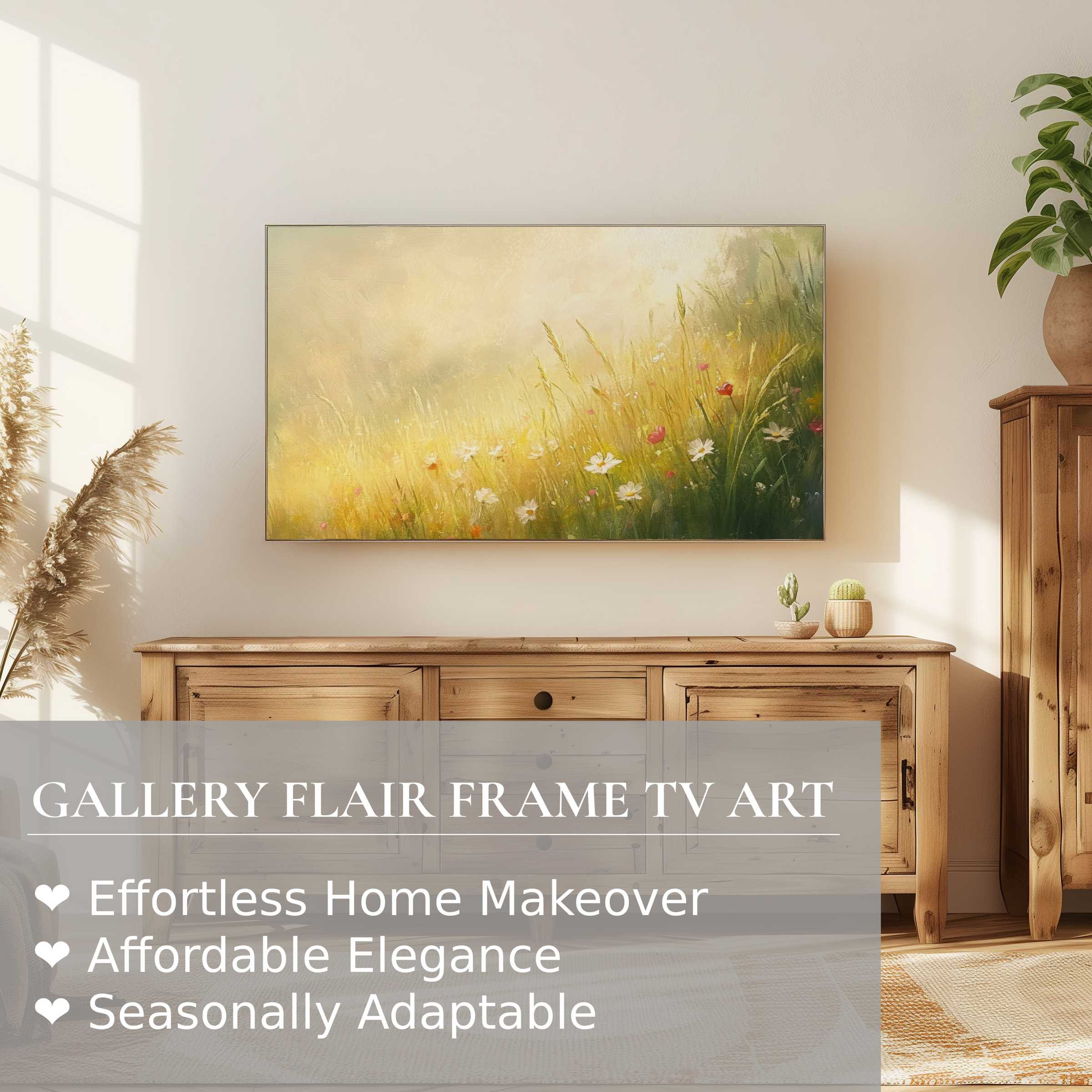 Samsung Frame TV displays soft, glowing landscape digital artwork: serene wildflowers in warm, modern rustic living space