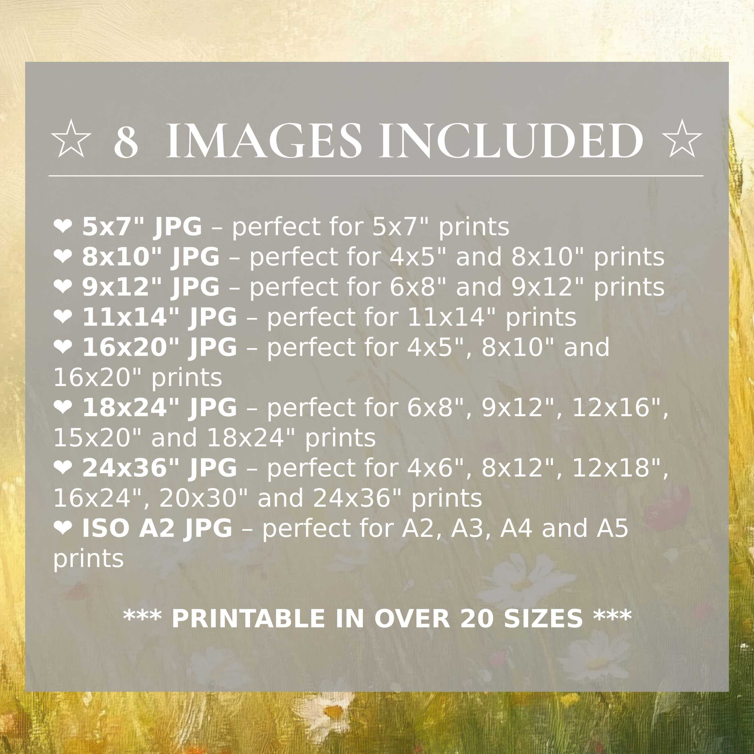 Radiant landscape digital print glowing with warm golds and soft florals, delivered in 8 high-quality sizes to elevate modern interiors with versatile elegance