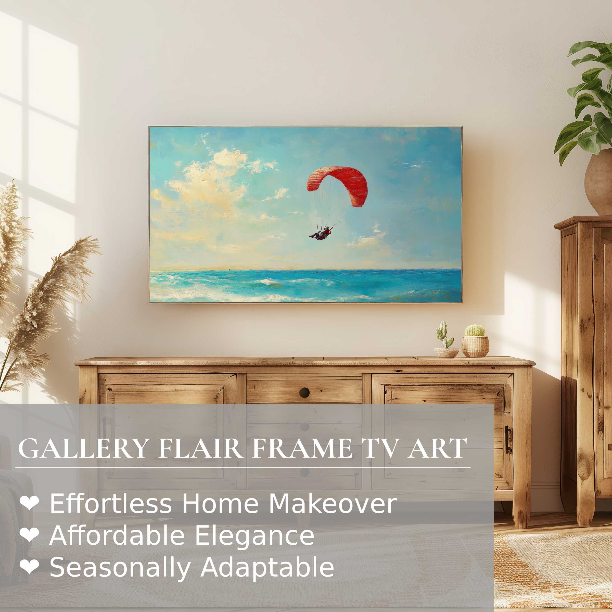 Samsung Frame TV displays serene beach digital artwork with vibrant sky and red parachute, perfect for refined decor