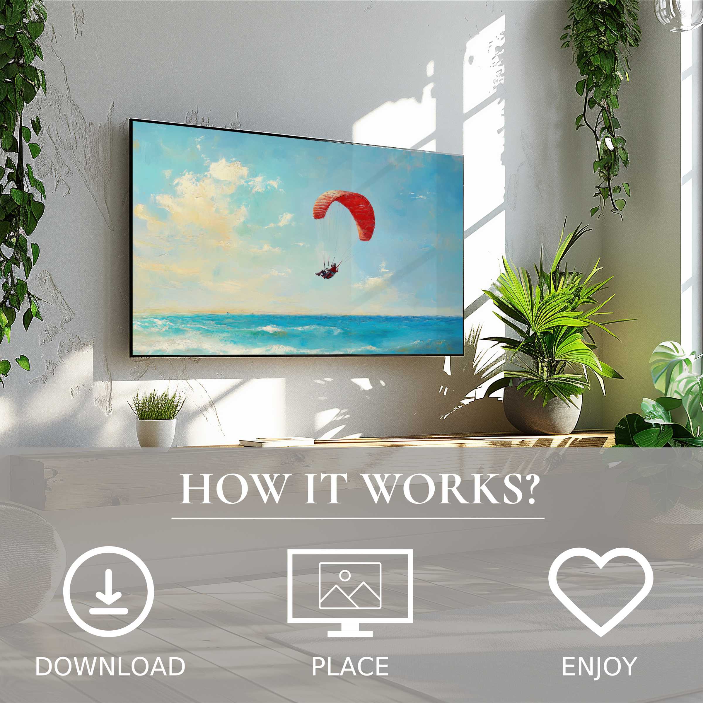 Modern living room with beach art for Samsung TV, vibrant sky and sea, easy digital download enhances space