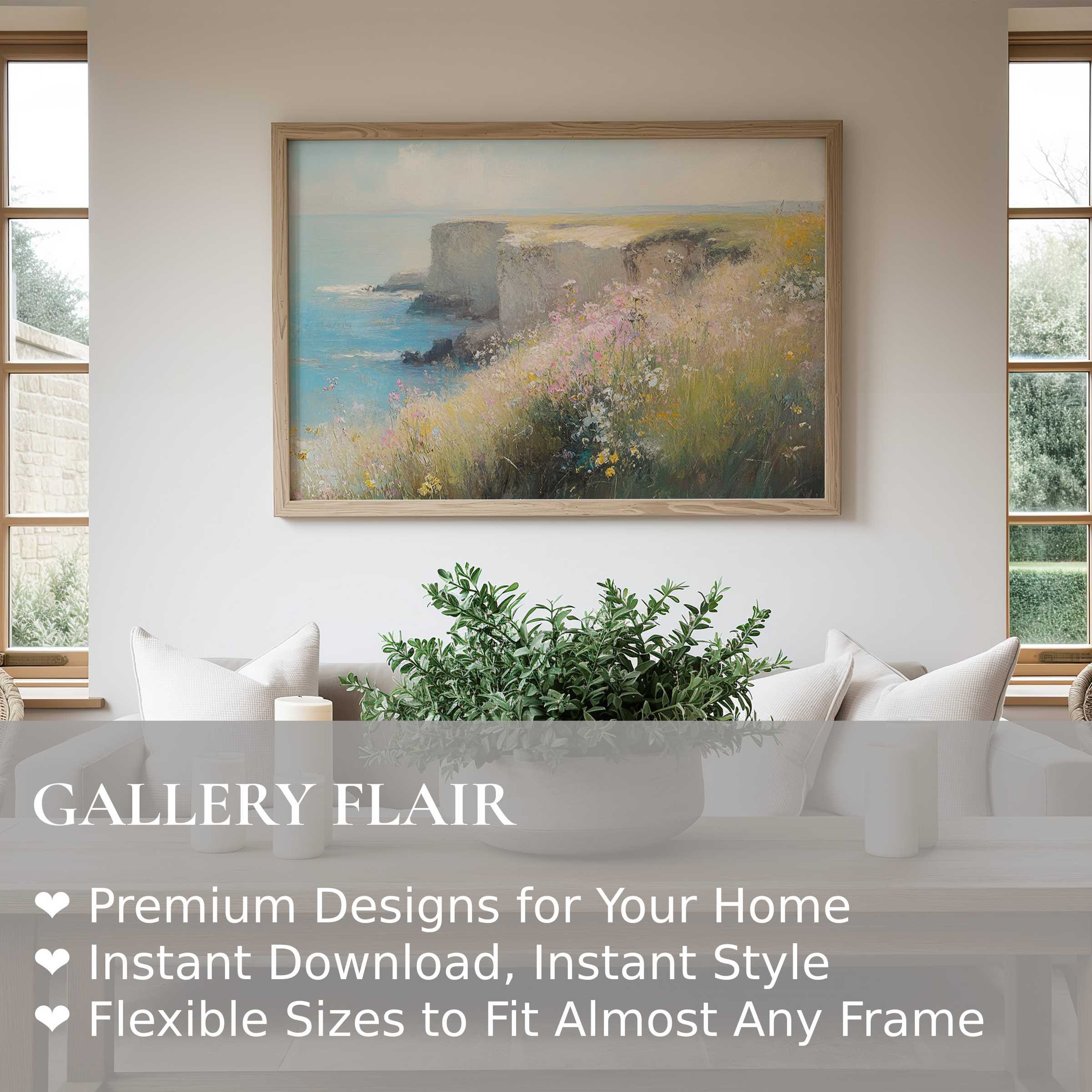 Summer wall art print capturing serene coastal cliffs and wildflowers in soft, radiant hues, enriching modern, minimalist interiors with calming natural elegance