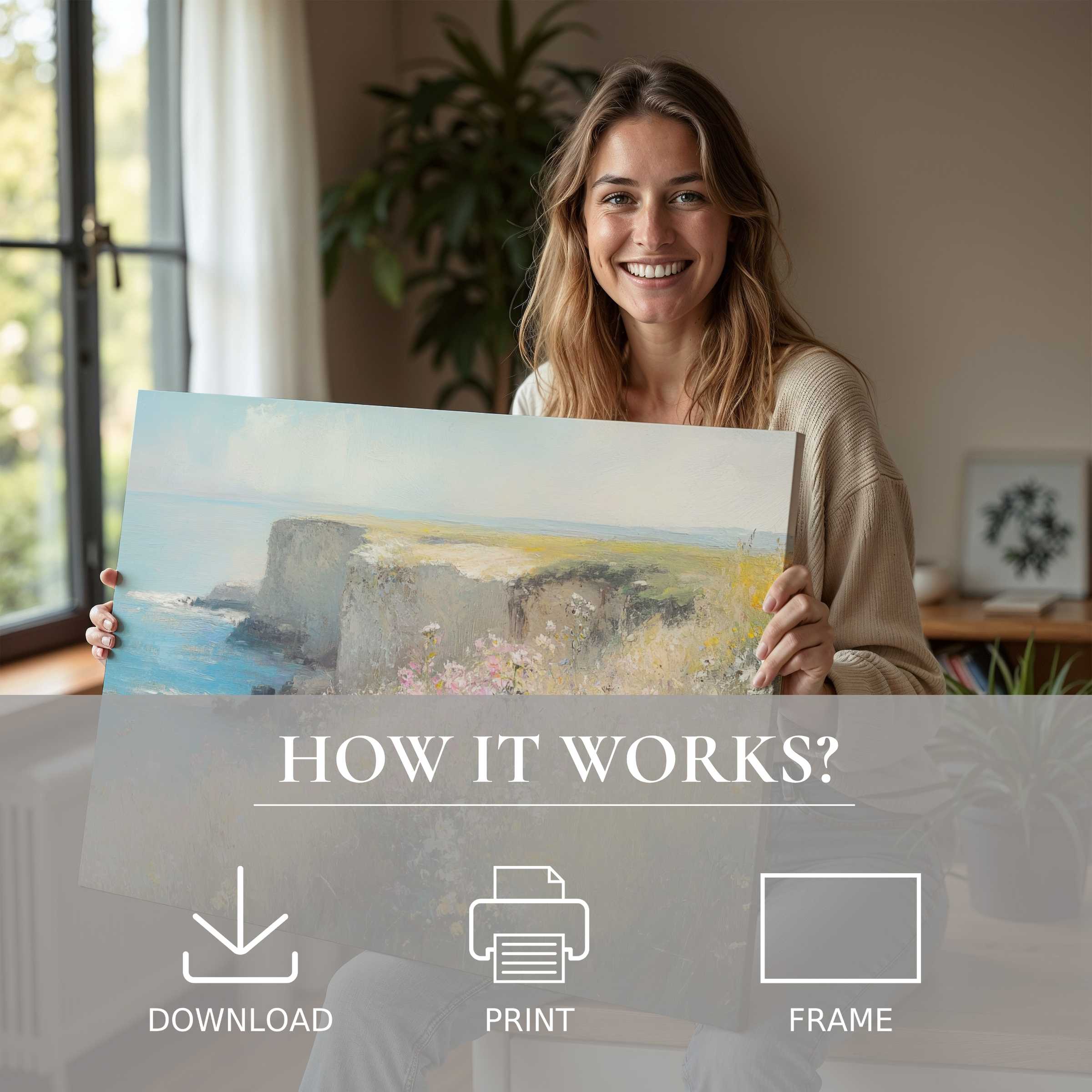 Joyful woman in a sunlit modern home embodies the ease and warmth of living with a serene summer digital art print