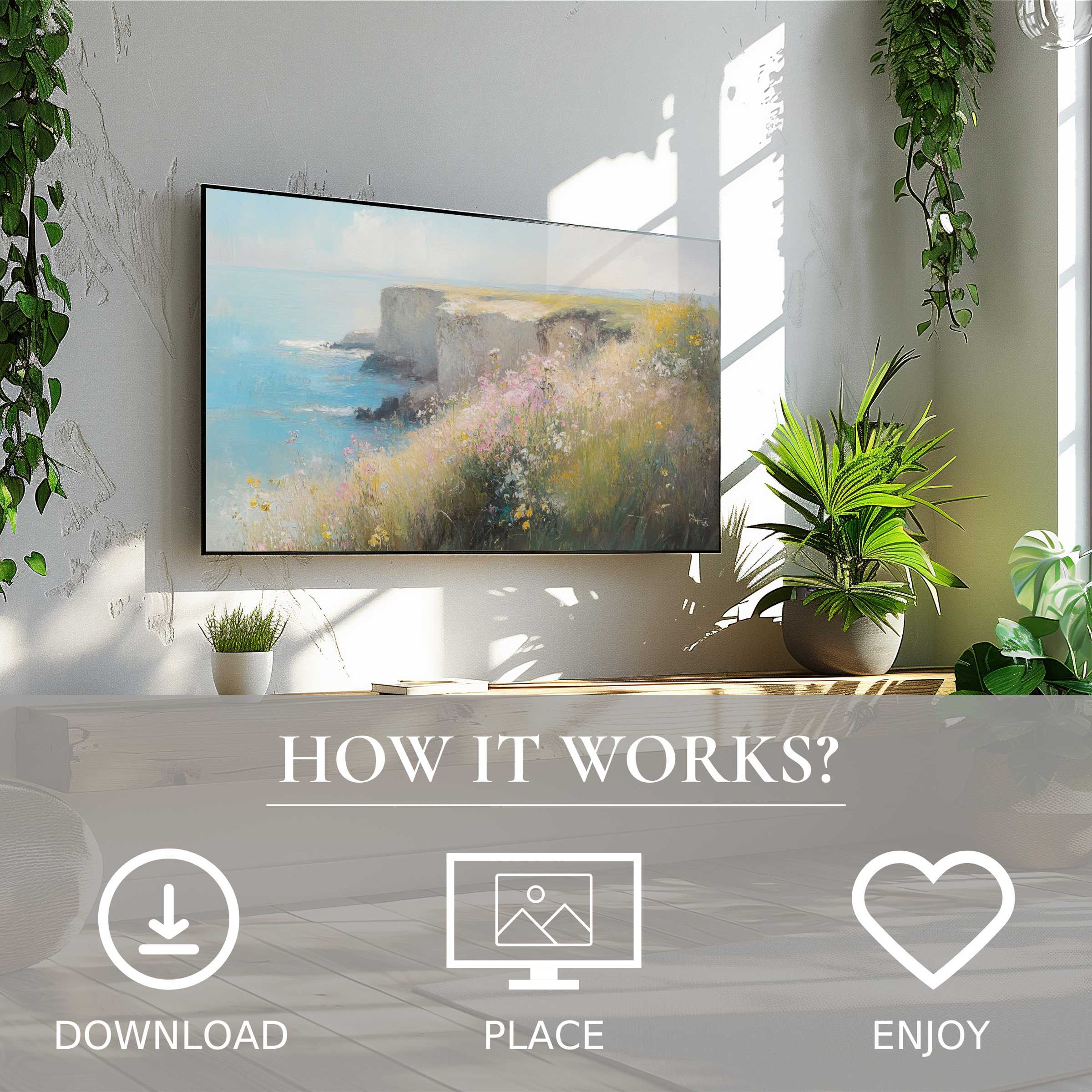 Summer art for Samsung TV shows soft sunset tones on cliffs; easy digital download enriches bright, green modern living spaces