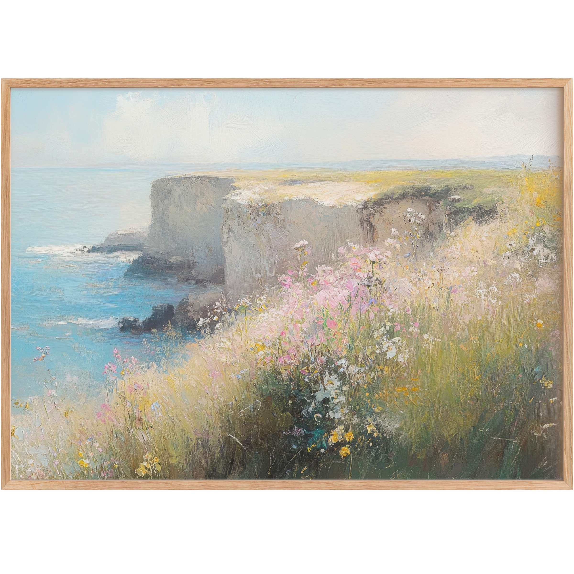 Summer printable wall art capturing sunlit coastal cliffs with soft pinks and blues, evoking a serene, radiant atmosphere