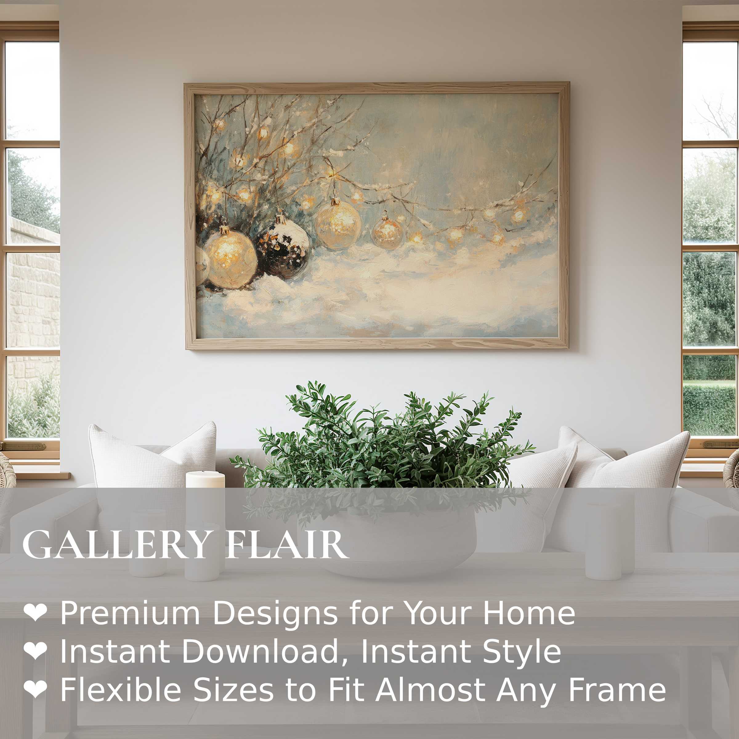 Christmas wall art print featuring soft, glowing ornaments and snow-dusted branches, enriching modern minimalist spaces with warm, festive ambiance