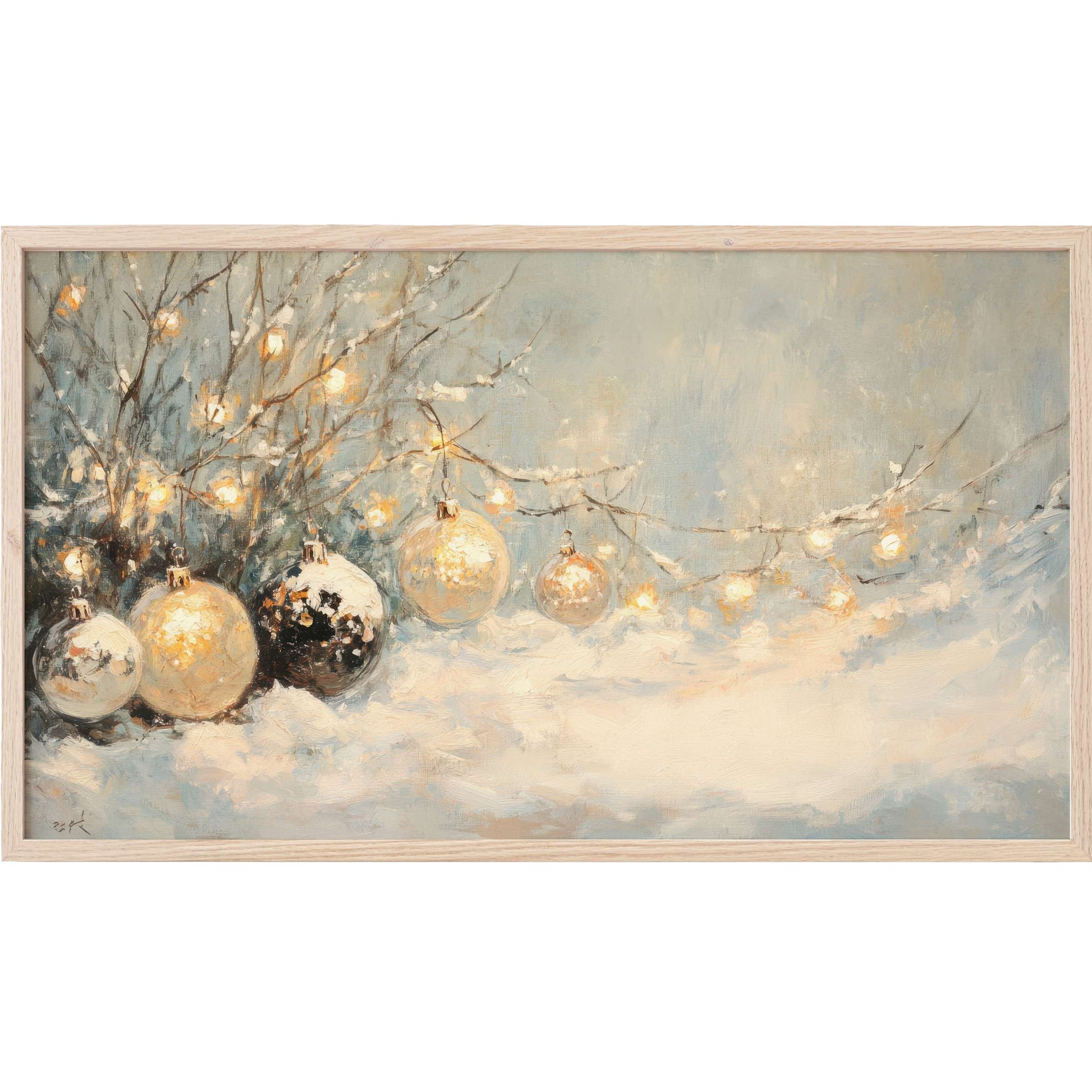 Elegant christmas Frame TV Art with glowing gold and silver baubles on snowy branches in soft blue and white hues
