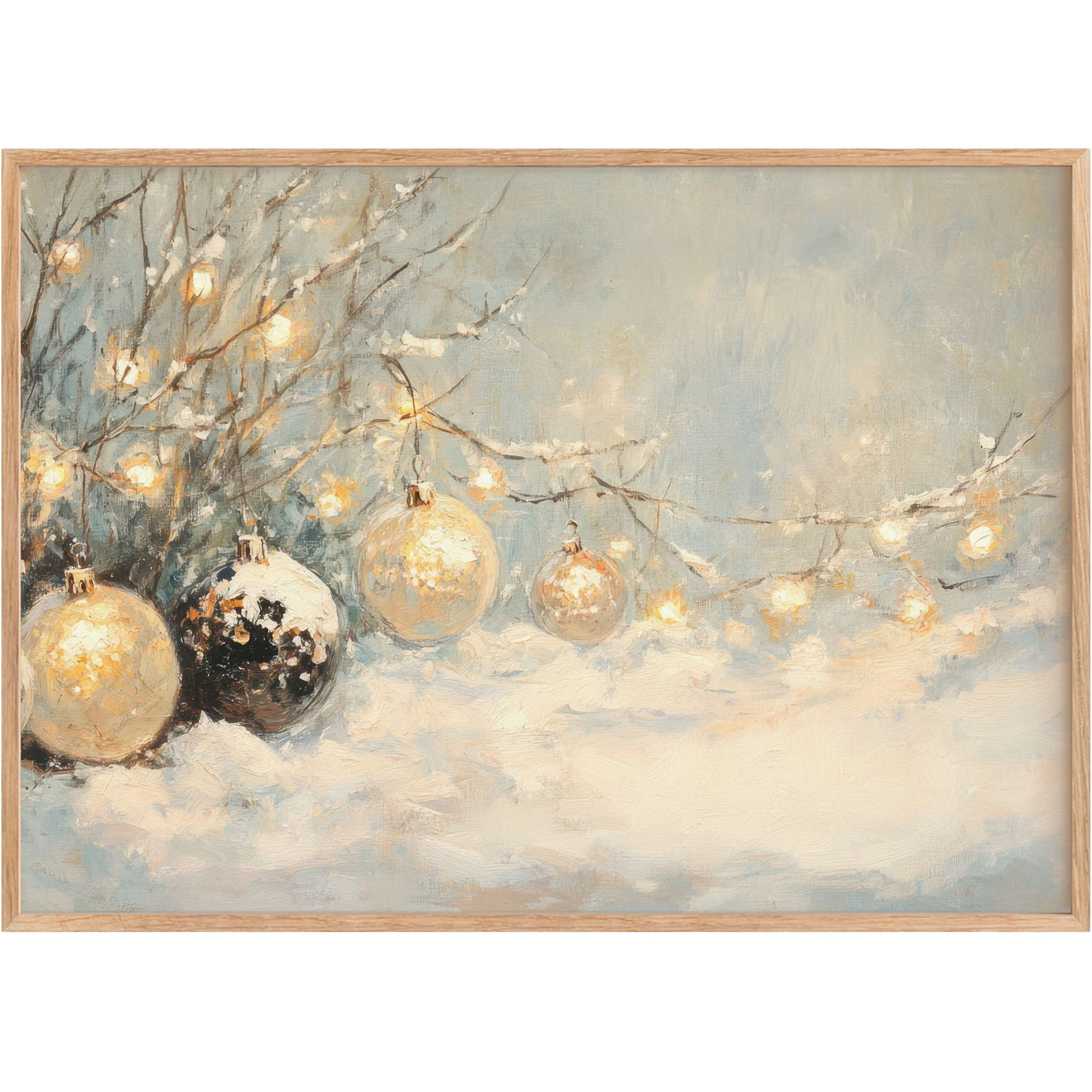 Christmas printable wall art with glowing gold ornaments and fairy lights, evoking a serene, luminous winter ambiance