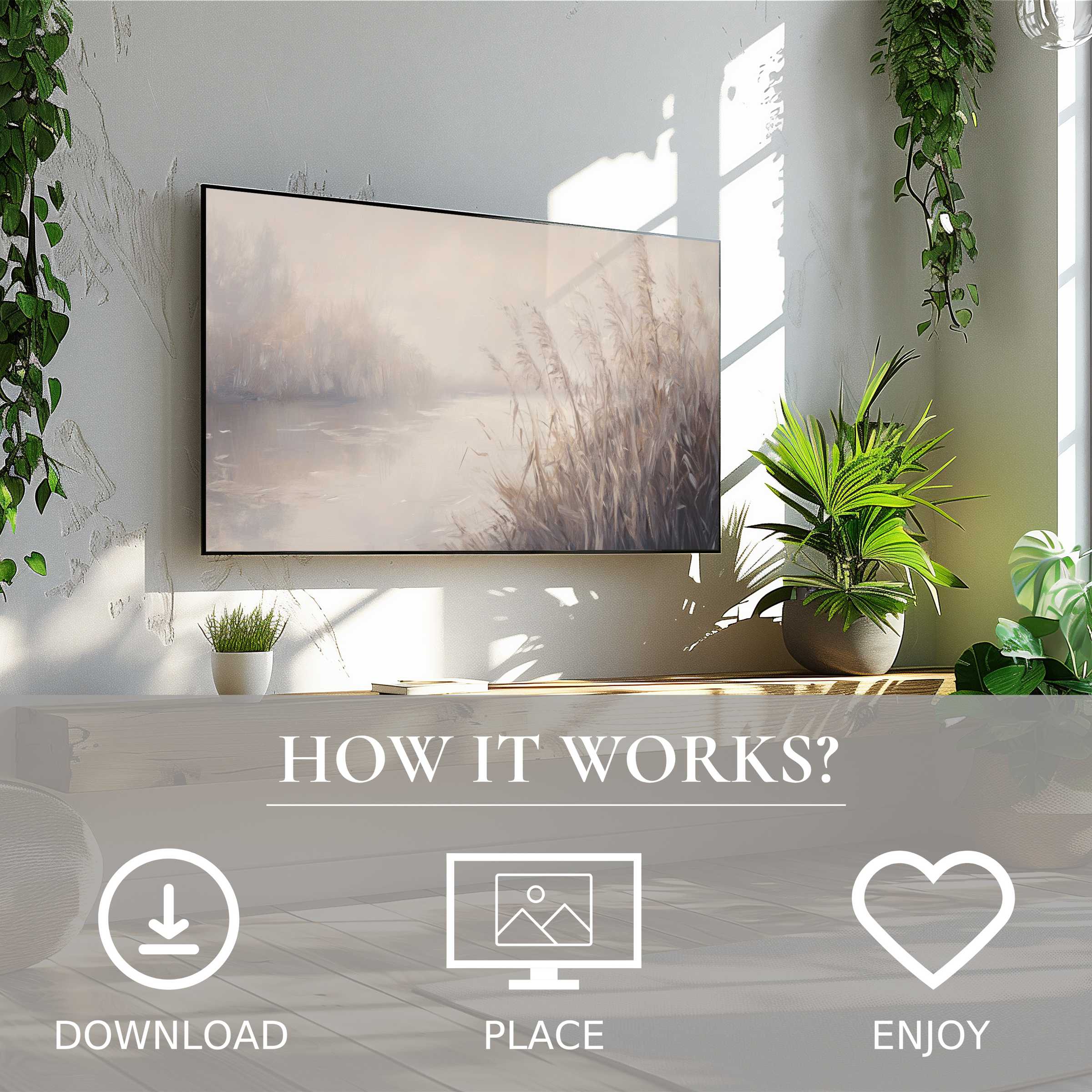 Vintage art for Samsung TV with soft sunset tones; easy digital download enriches modern, plant-filled living spaces
