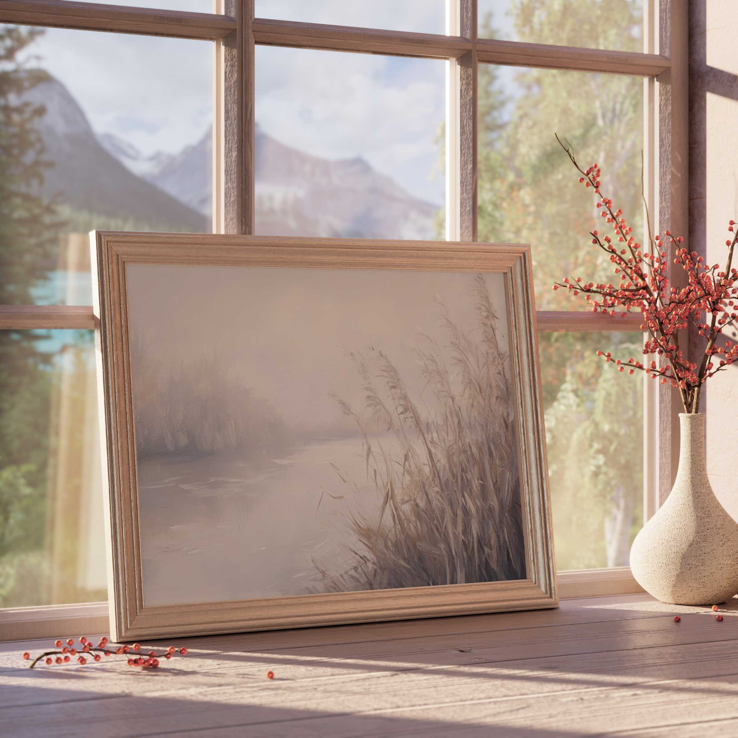 Vintage downloadable art capturing serene river reeds in soft mist, perfect for curated, tranquil interiors with warm natural light
