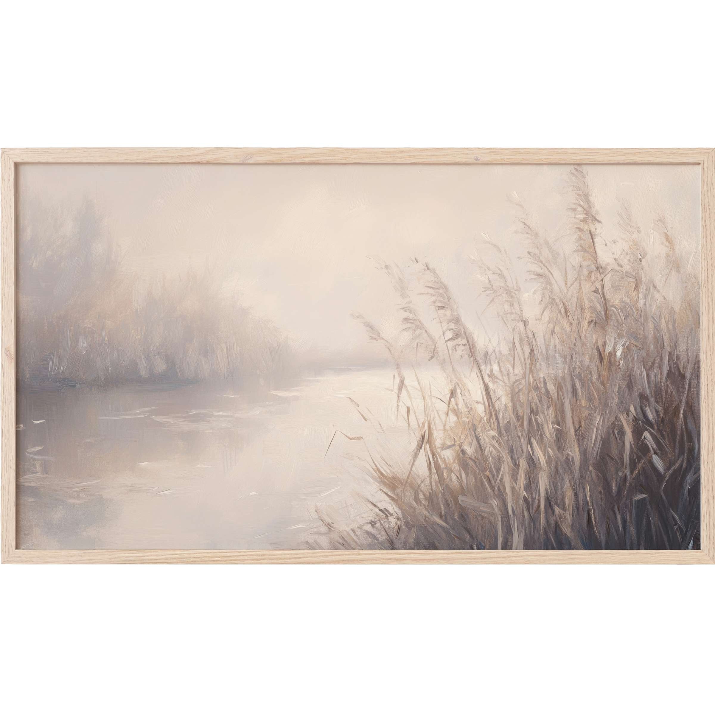 Serene riverside reeds in soft beige and gray tones with muted brushstrokes, a vintage Frame TV Art piece