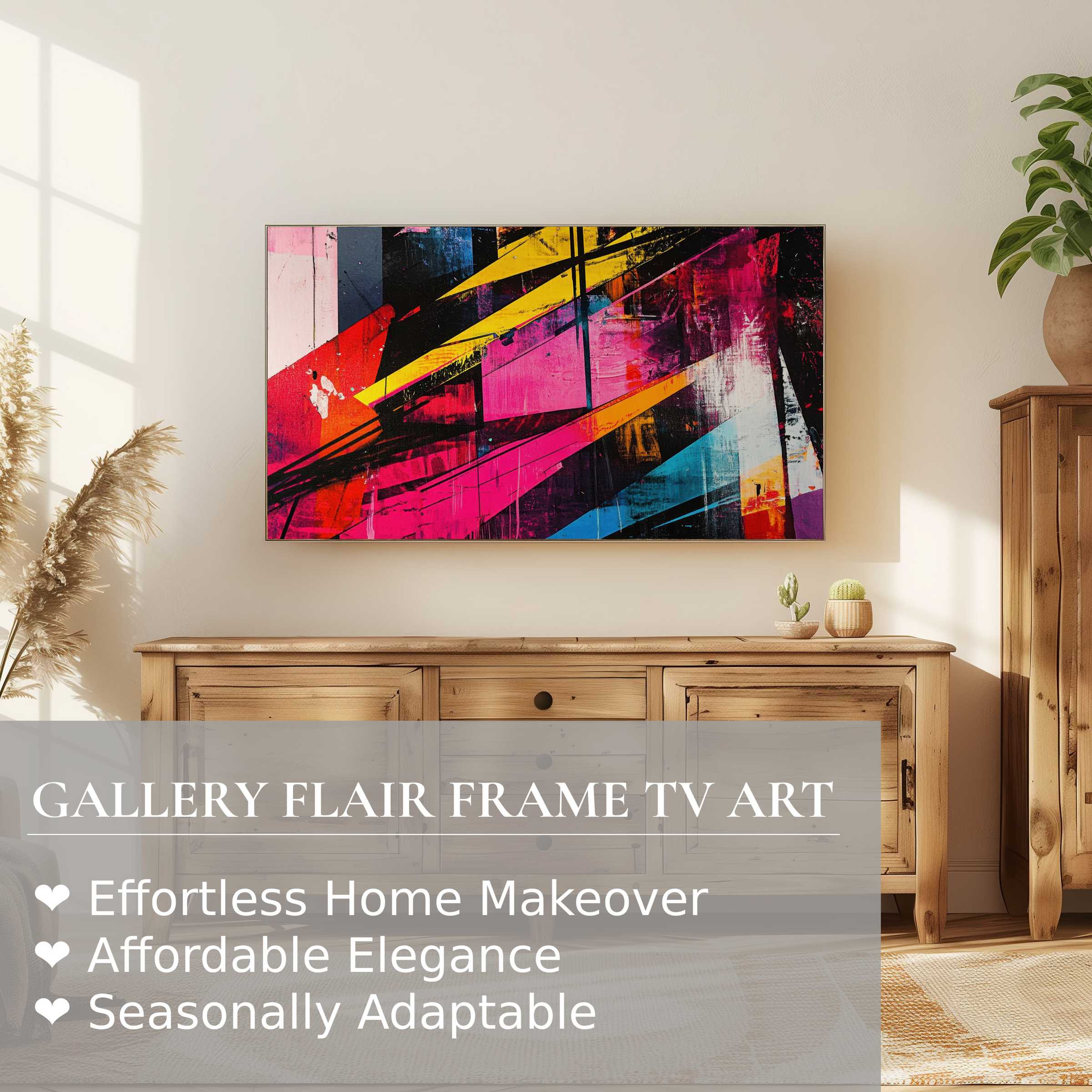 Samsung Frame TV displays vibrant pop art digital artwork in a sleek, modern living room with warm wood accents