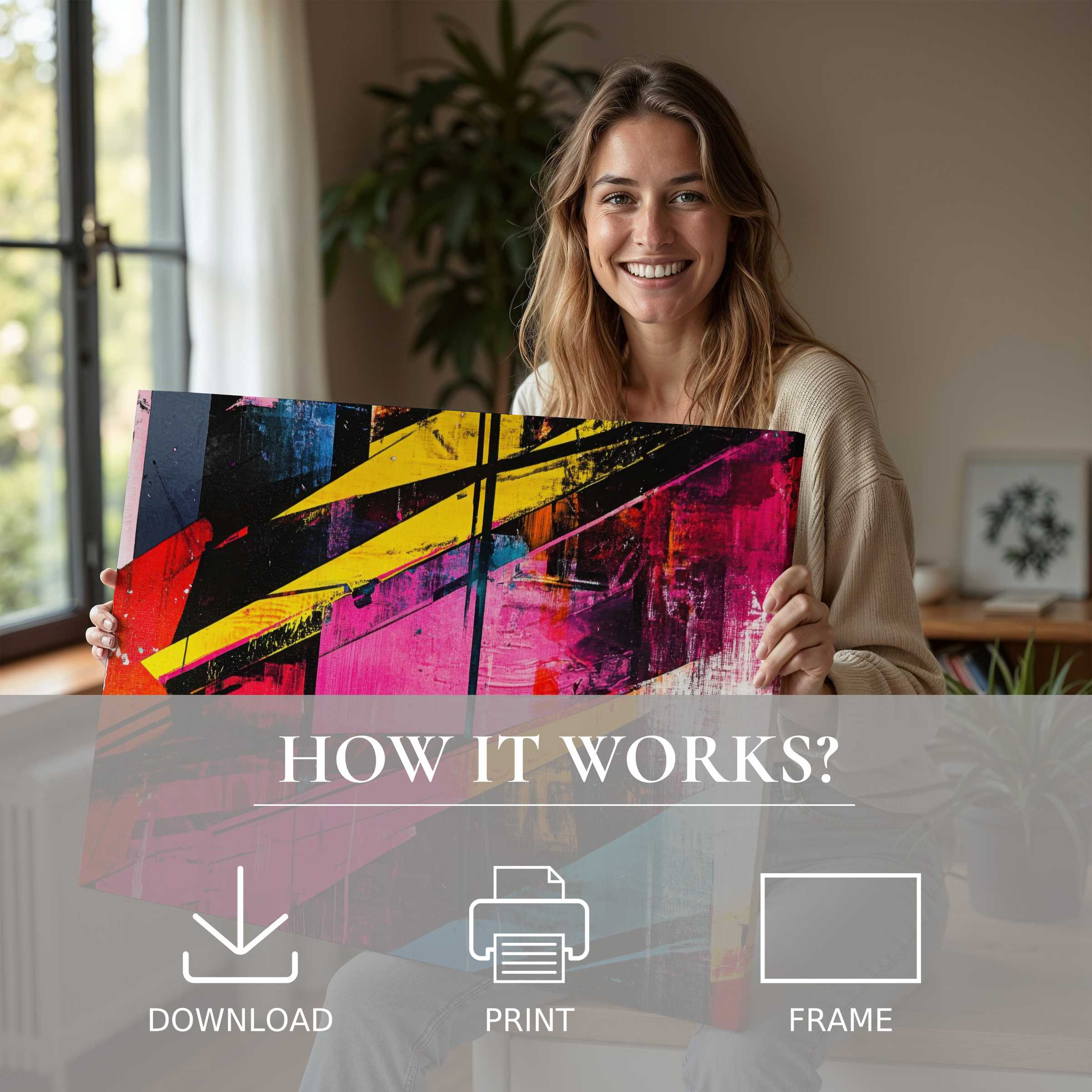 Contemporary pop art digital art print brightens a serene modern home, celebrating joy and effortless elegance in living with art