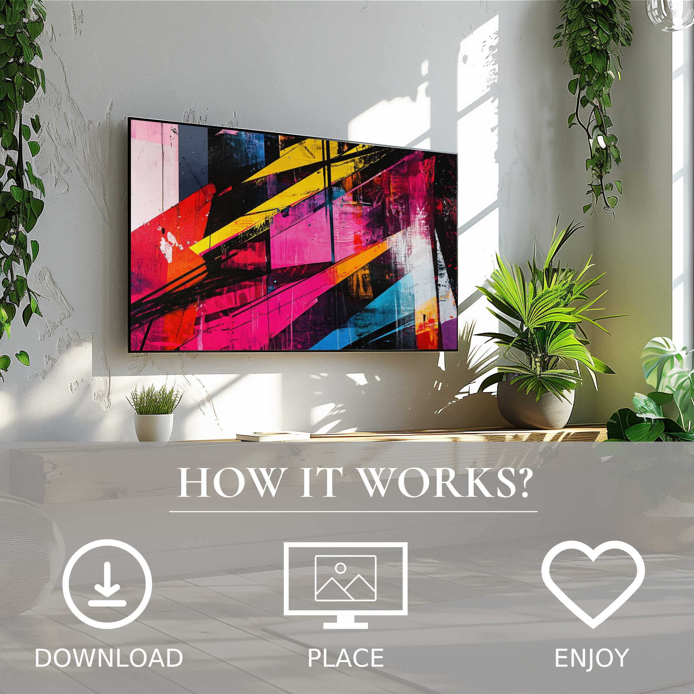 Pop art art for Samsung TV showing vibrant color flow, easy digital download that enriches modern living spaces