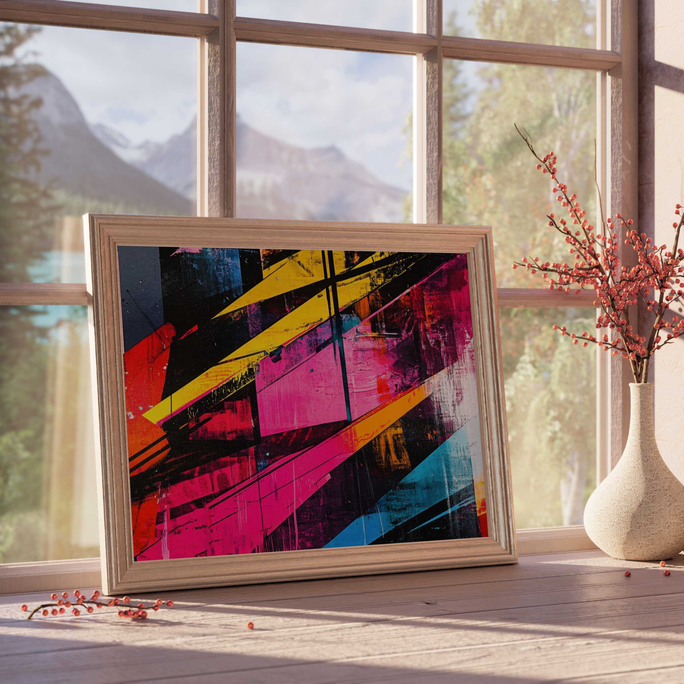 Vibrant pop art downloadable art radiates energy with bold pinks, yellows, and blues, elevating curated, modern interiors