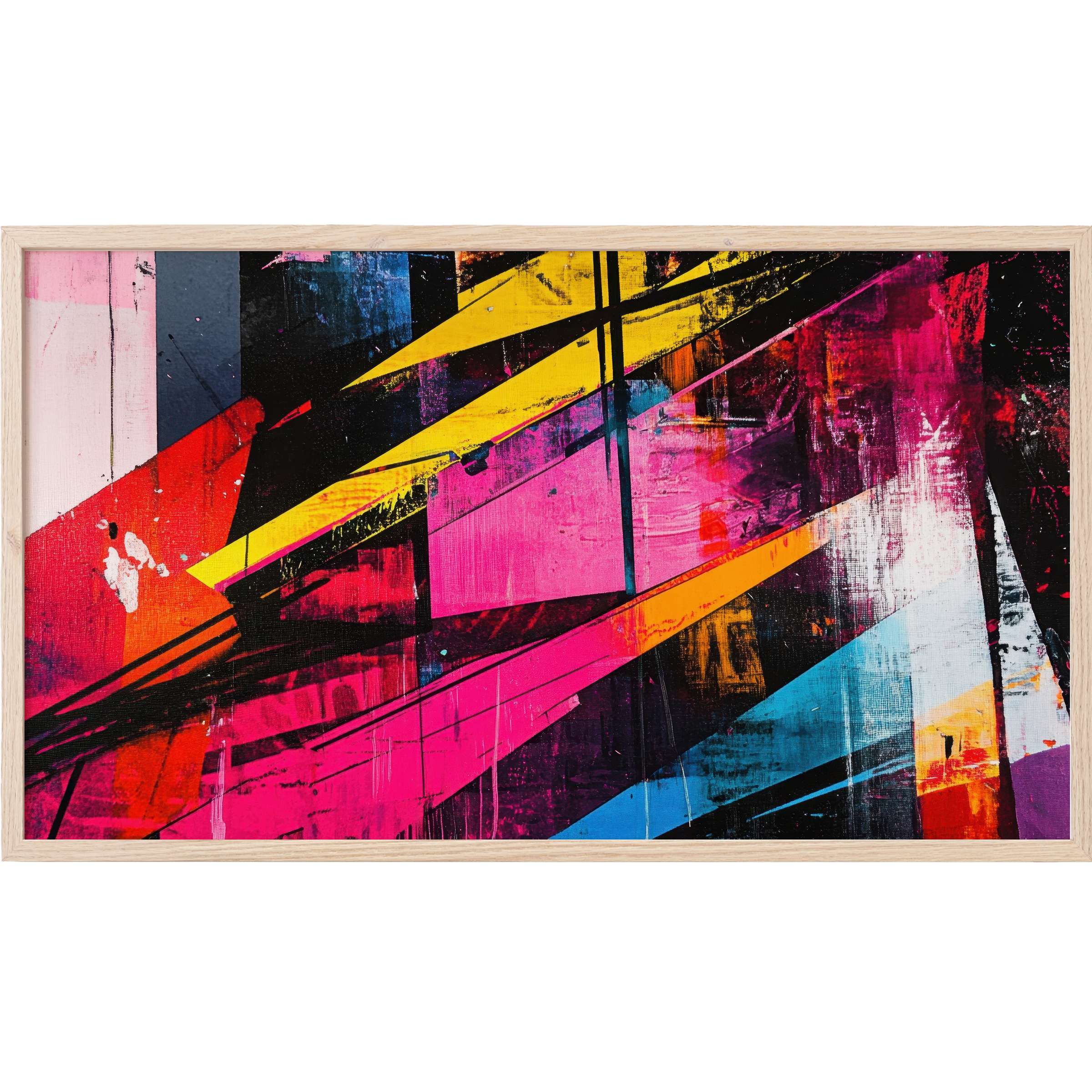Vibrant geometric abstract in bold pinks, yellows, blues, and blacks with dynamic textures, pop art Frame TV Art