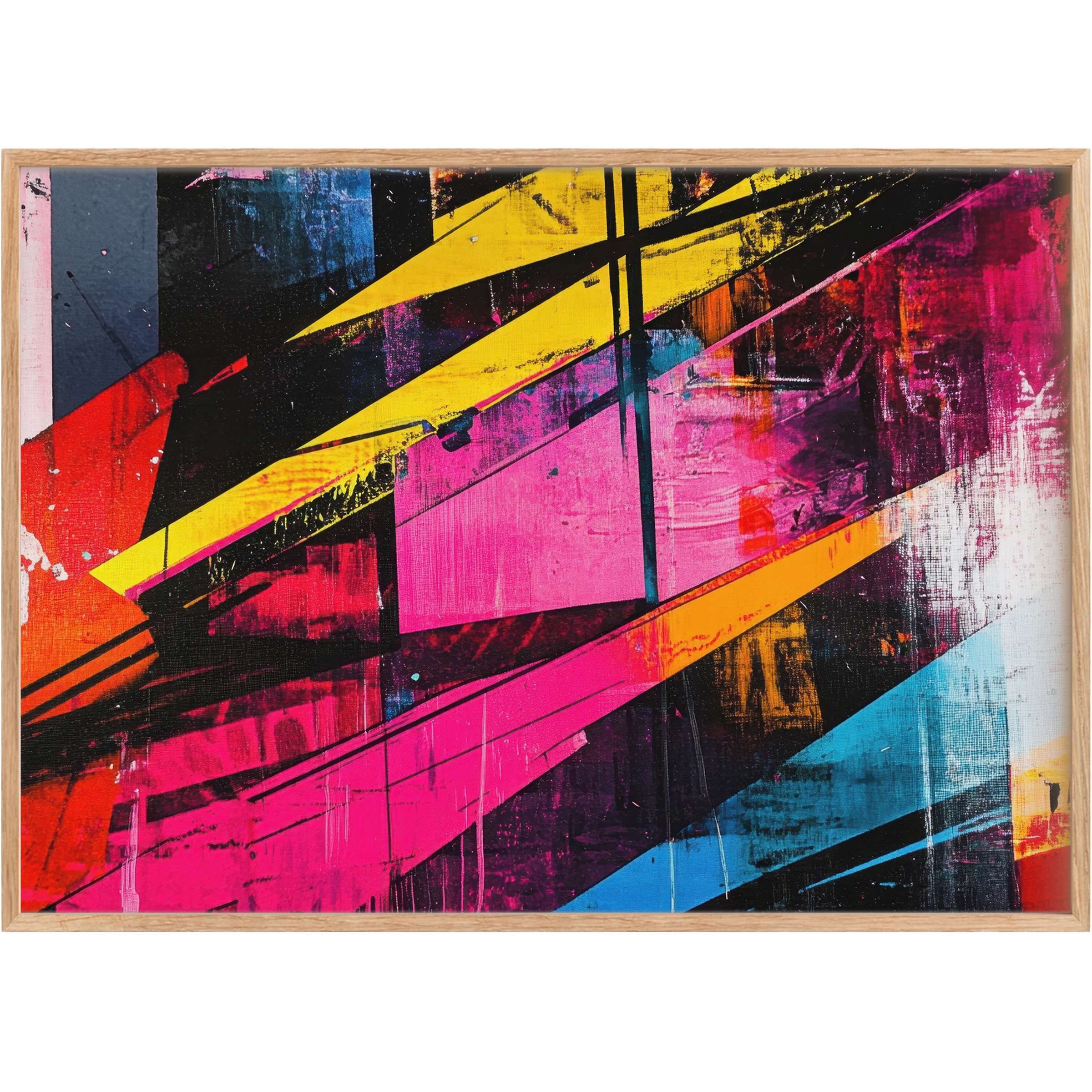 Bold pop art printable wall art blending vibrant pinks, yellows, and blues, radiating dynamic energy and urban sophistication