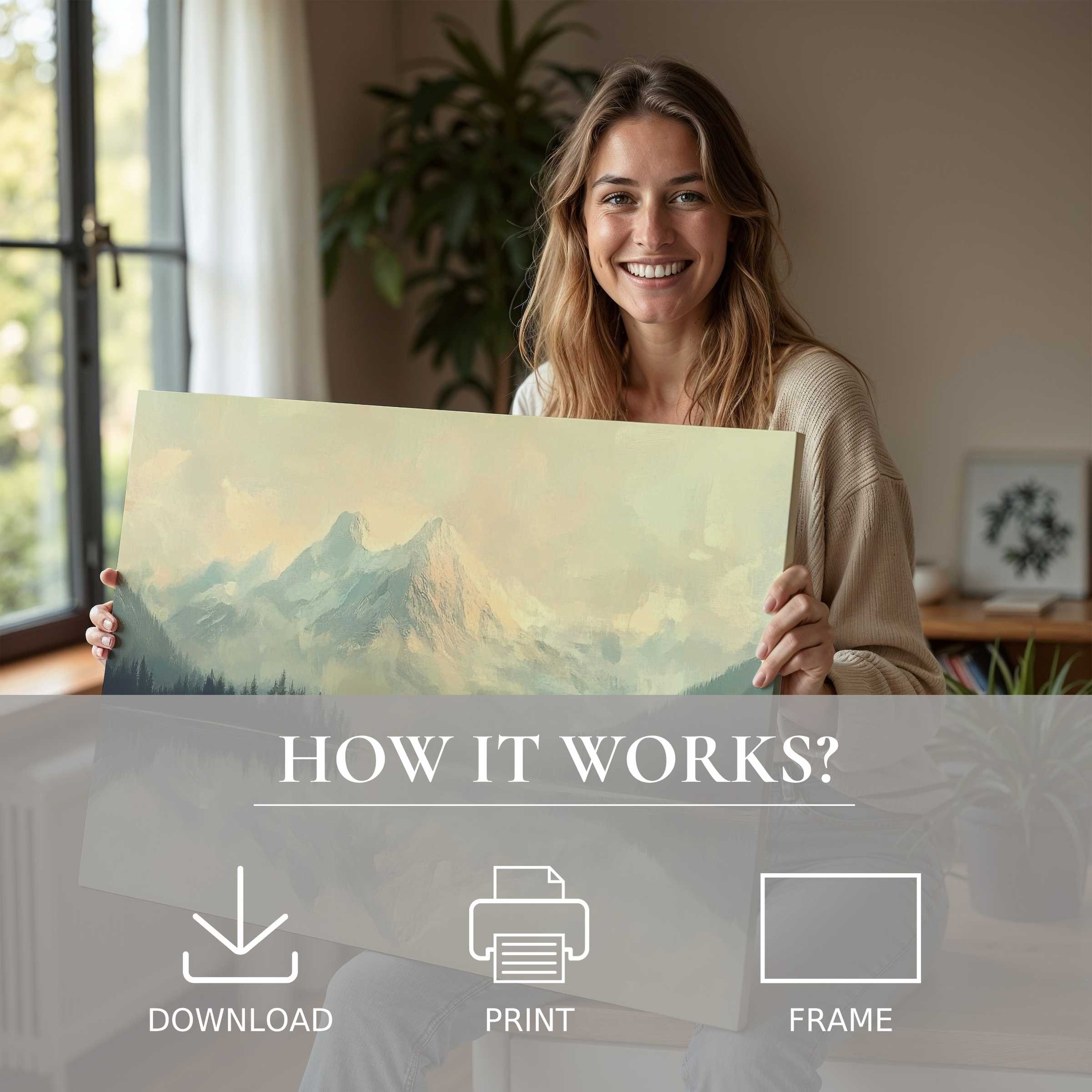 Radiant winter digital art print embraced in a modern home, capturing serene mountain hues and joyful connection to timeless beauty