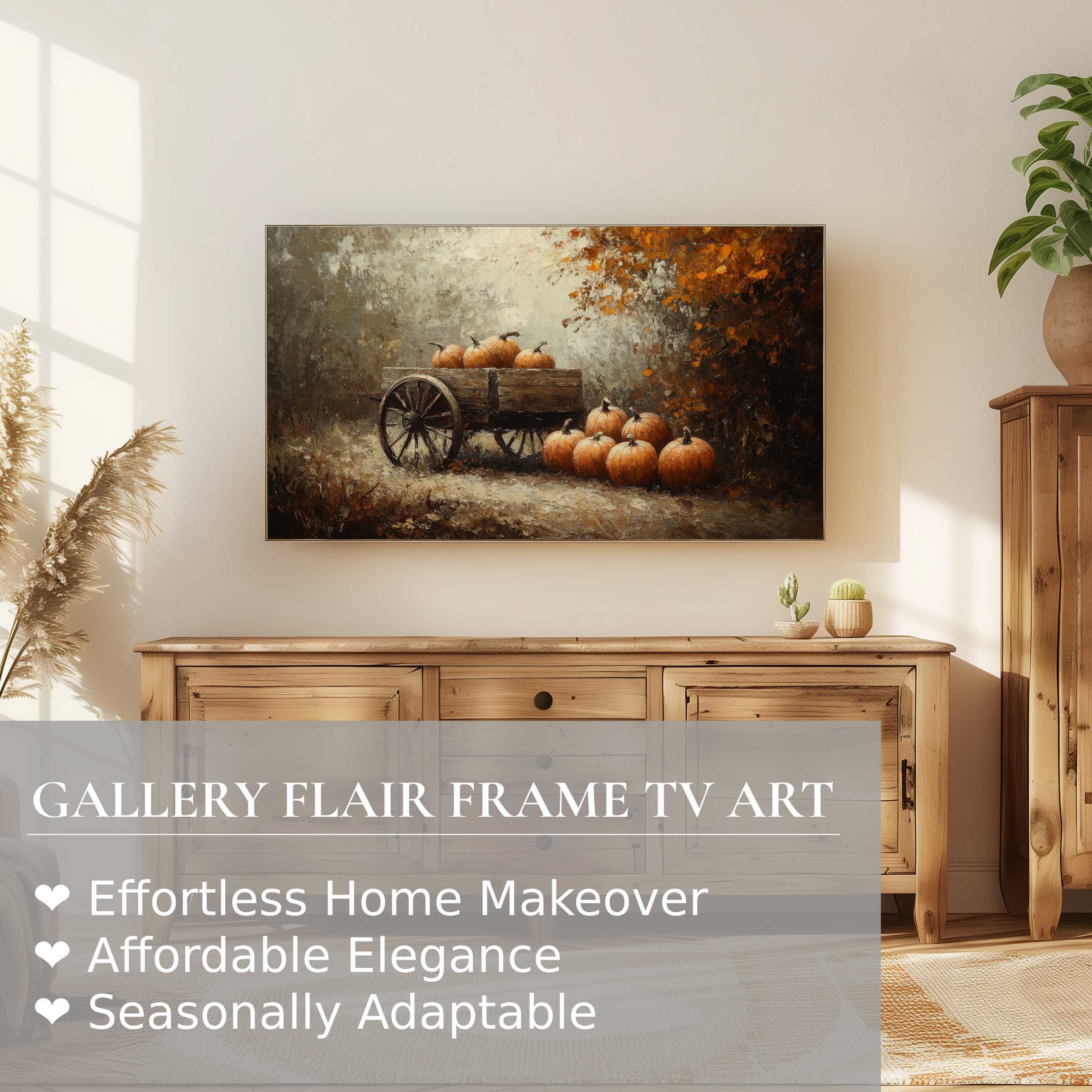 Samsung Frame TV displays refined fall digital artwork with a warm pumpkin harvest scene in a modern living space