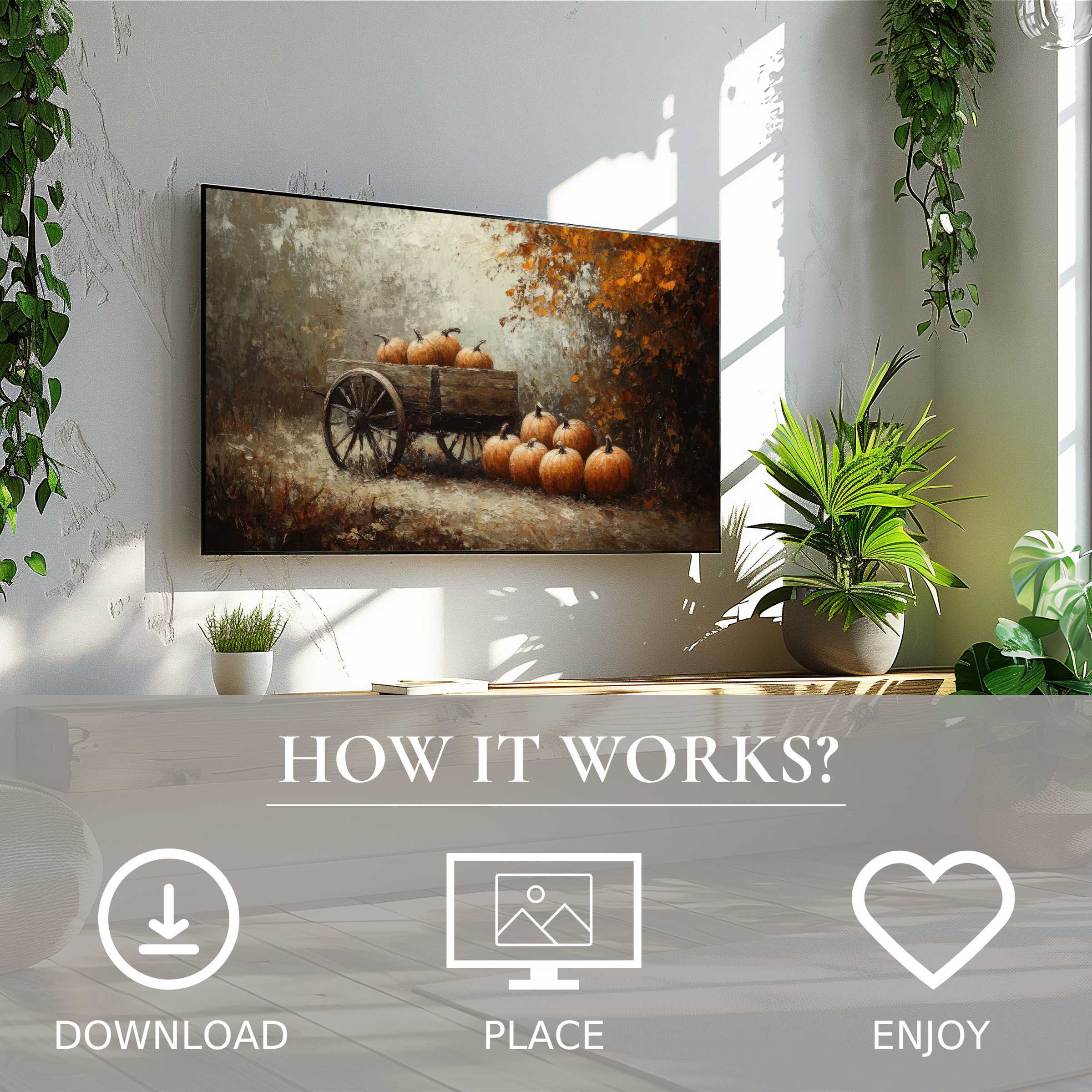 Fall art for Samsung TV shows warm pumpkin tones on Frame TV with simple digital download, enriching modern living spaces