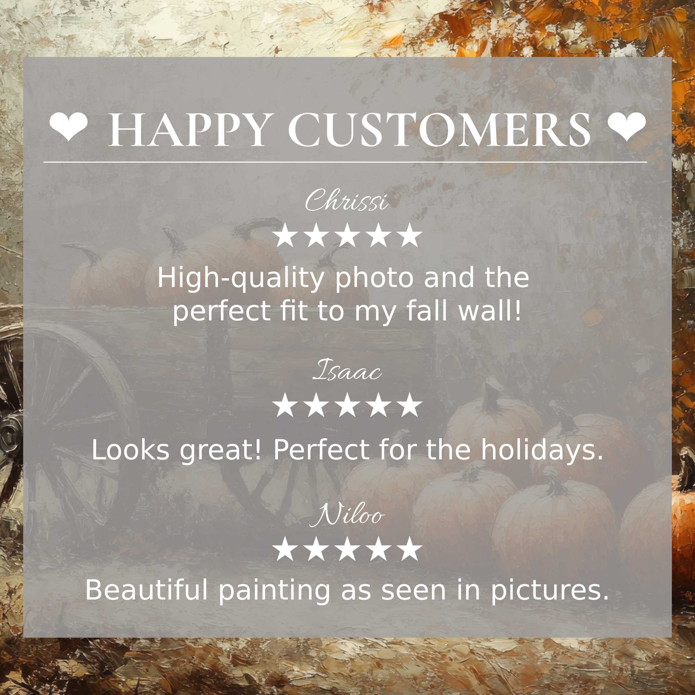 Fall art for Frame TV with abstract autumn hues; layout inspires trust featuring a happy customer and glowing reviews