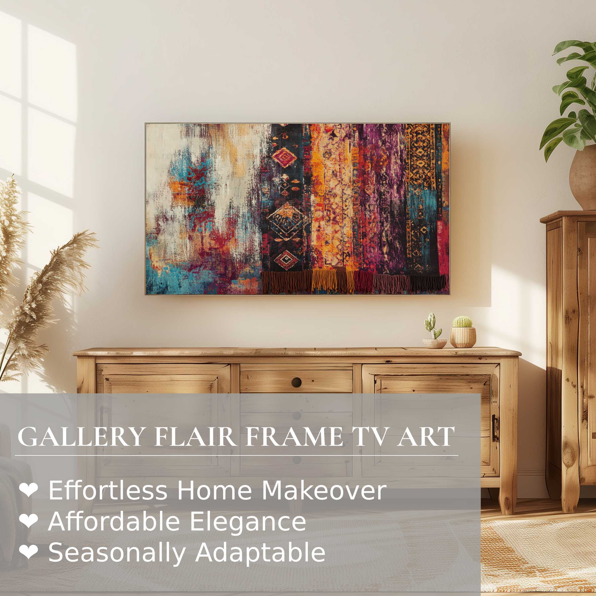 Samsung Frame TV displays vibrant boho digital artwork in a sunlit, elegant living room with natural wood accents