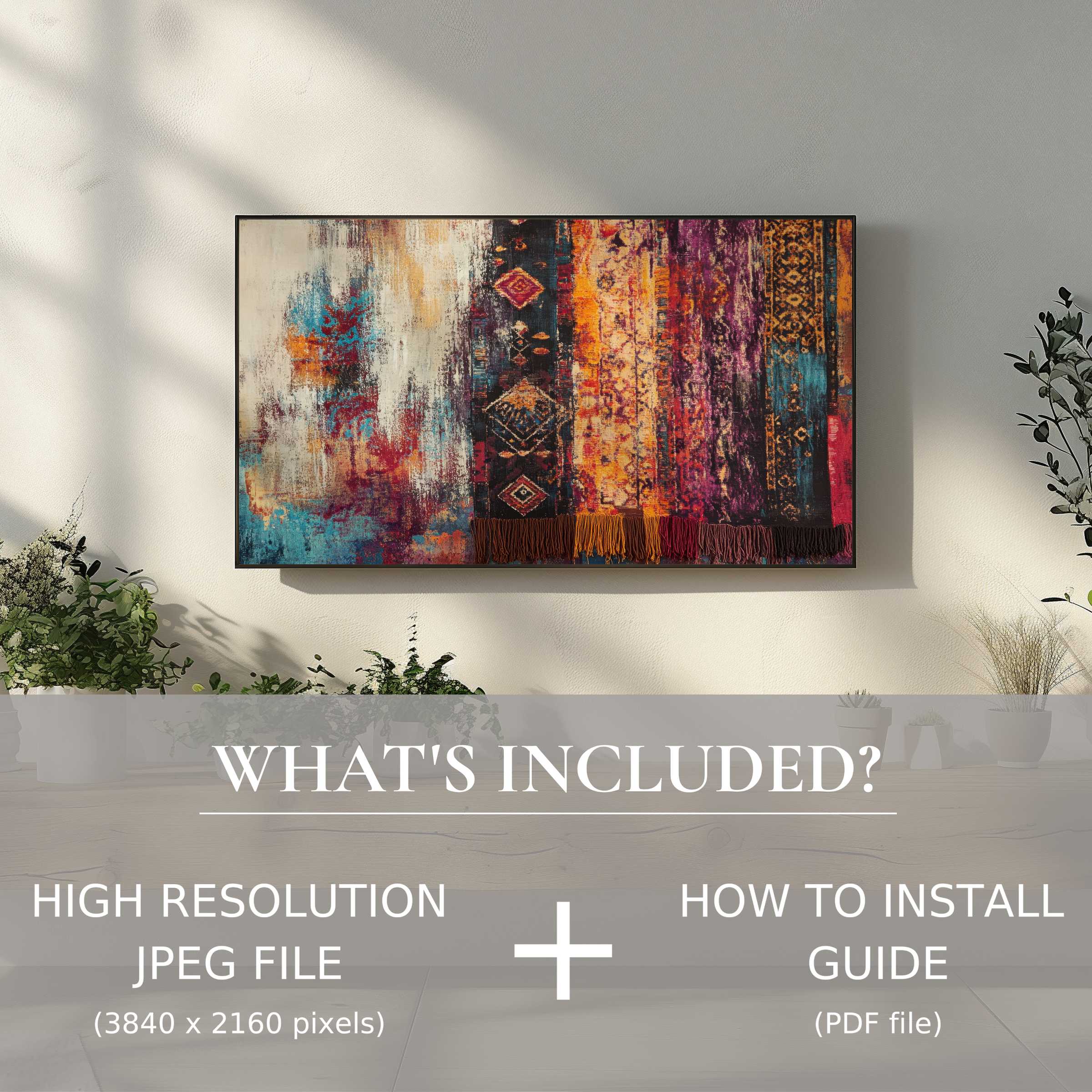 Elegant boho digital TV art download with rich hues, easily enhancing your living space through simple digital use