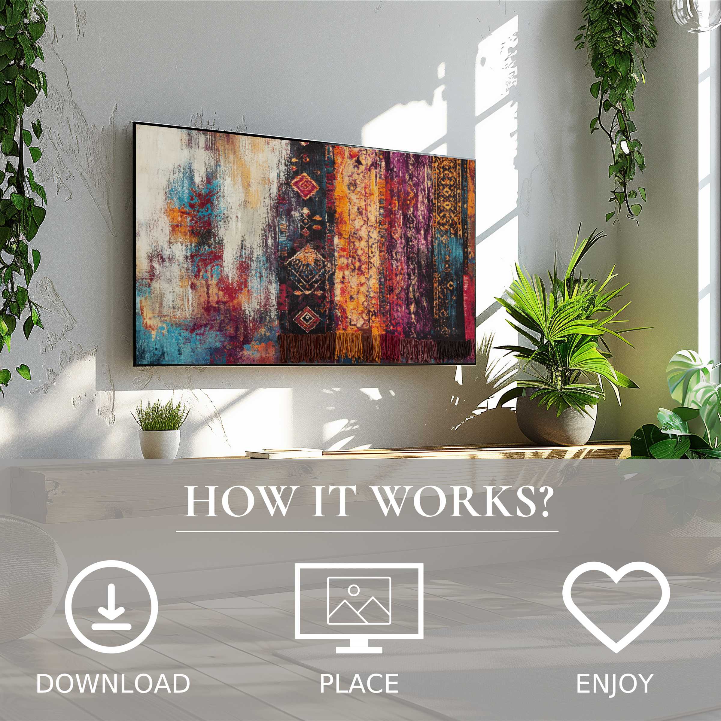 Boho art for Samsung TV in bright room, easy digital download, abstract warm color flow enriches space