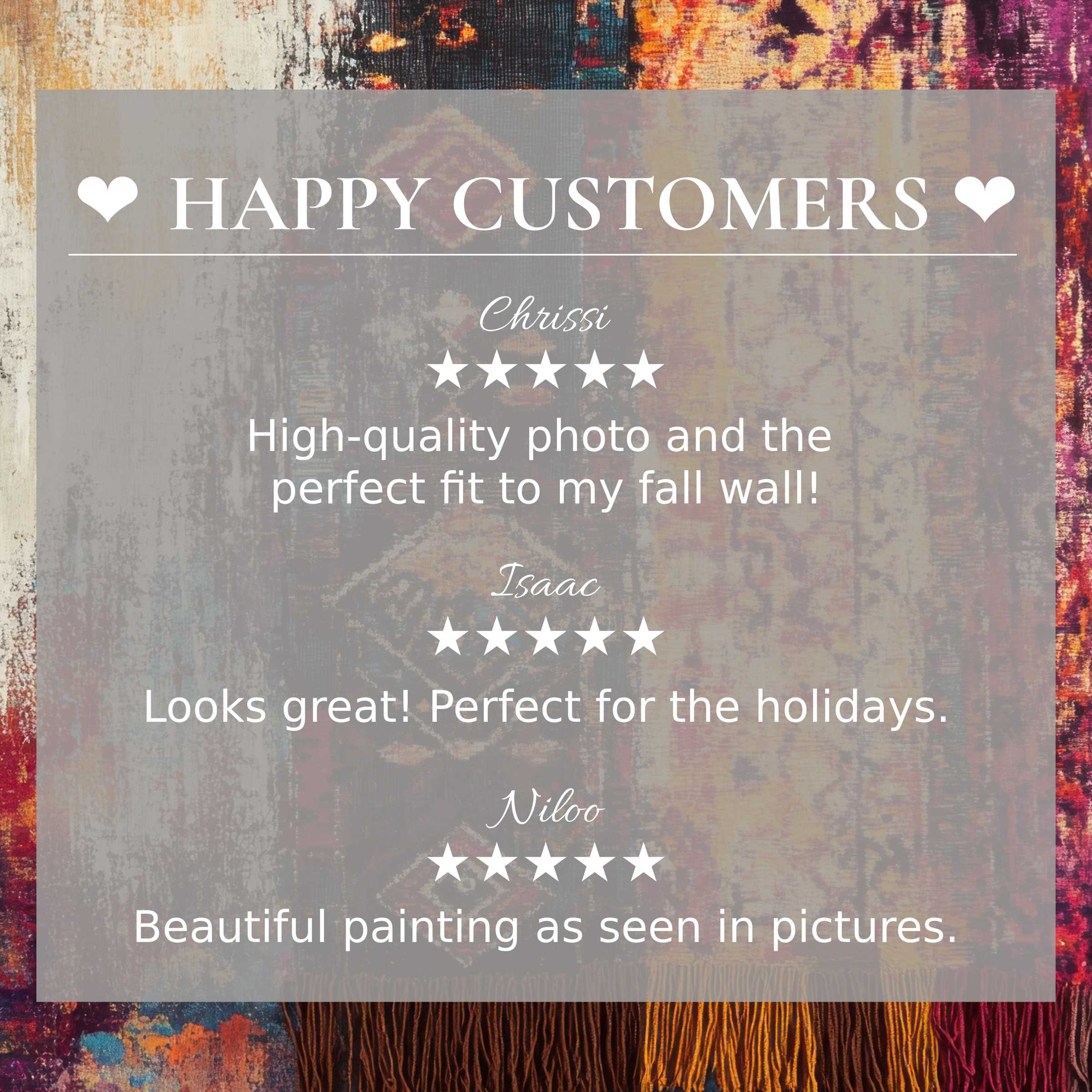 Boho art for Frame TV with abstract sunset hues; happy customer reviews build trust and highlight elegant style