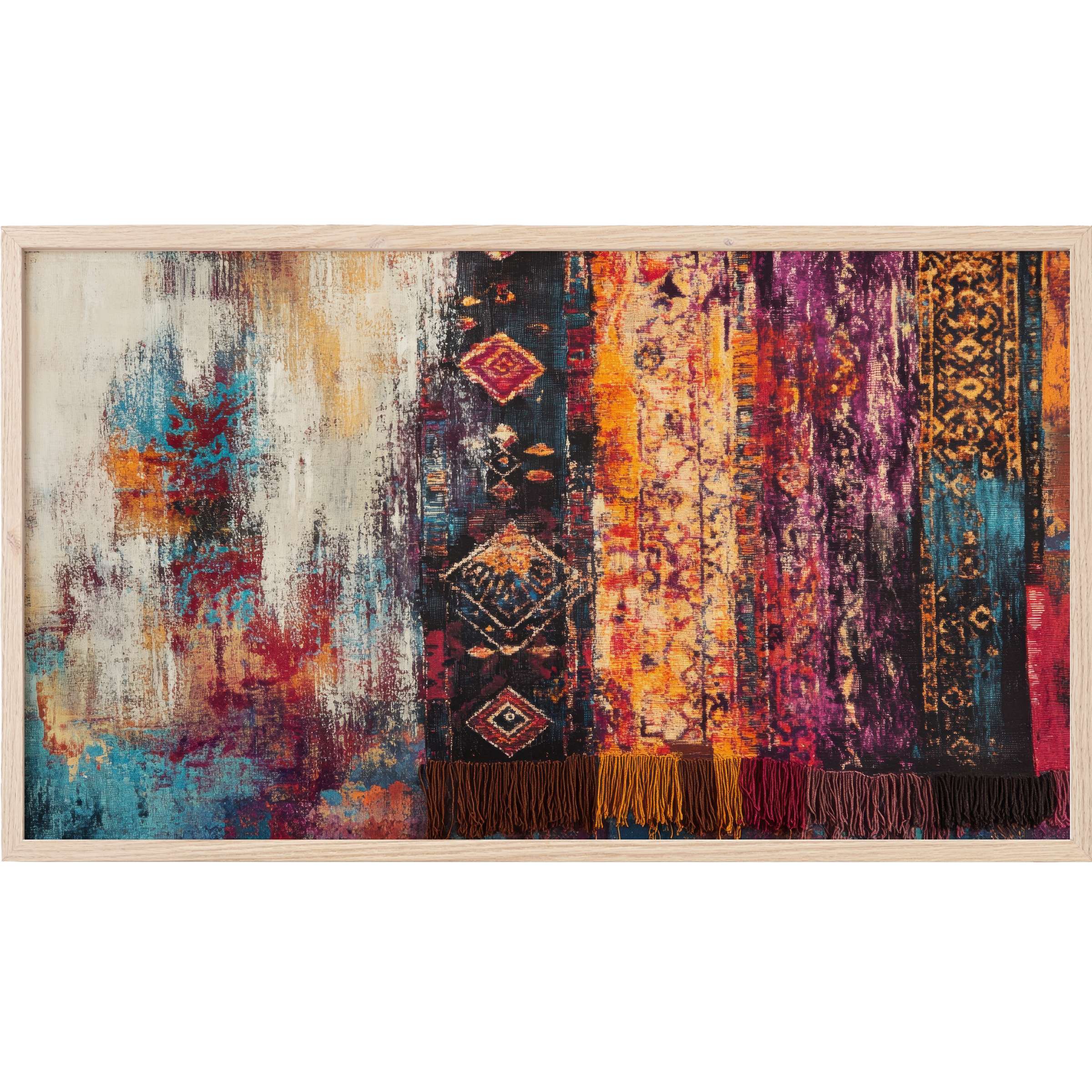 Vibrant boho Frame TV Art blending rich purples, oranges, blues, and textured patterns with elegant fringed detail