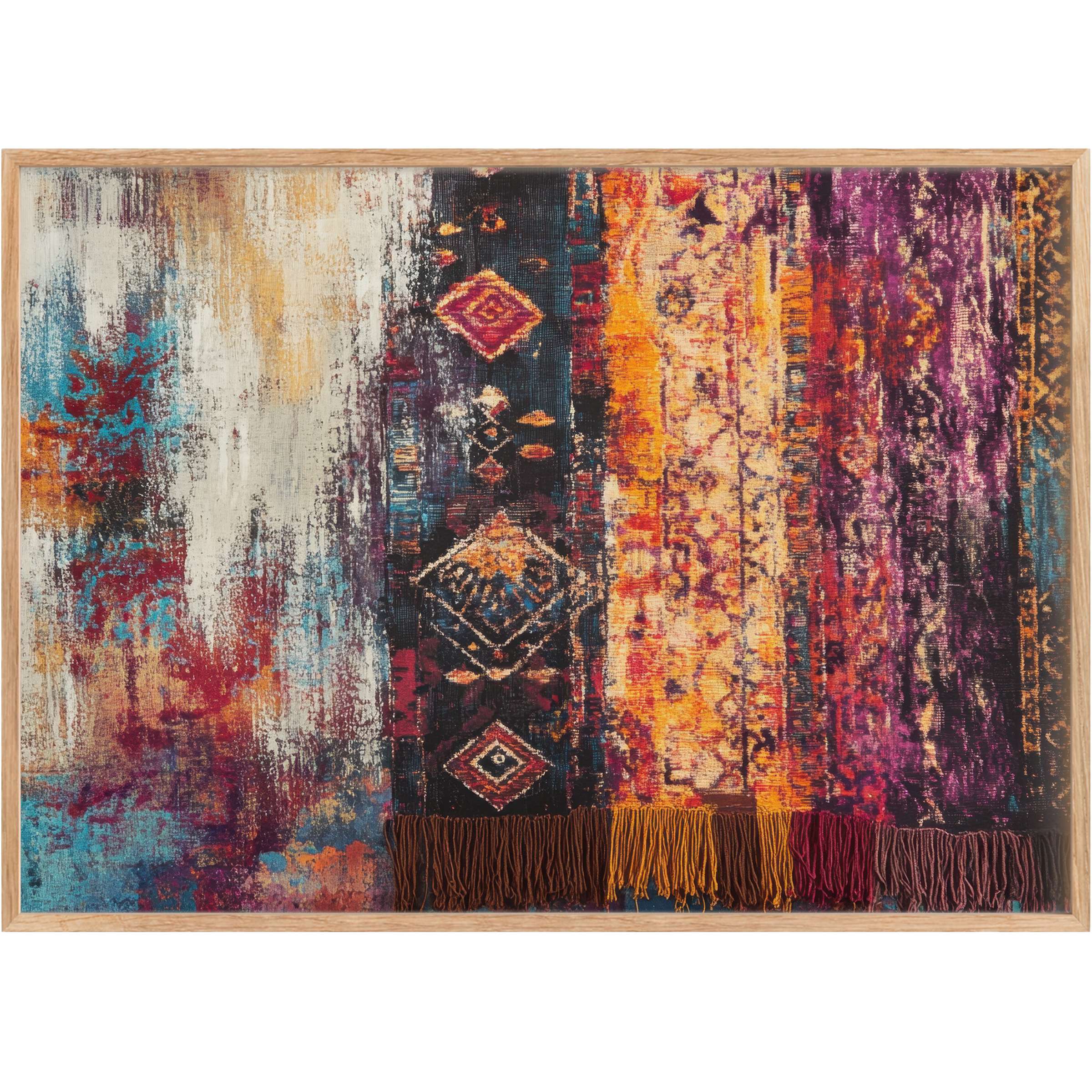 Boho printable wall art with vibrant hues of amber, deep magenta, and turquoise creates a warm, eclectic ambiance that enlivens any space