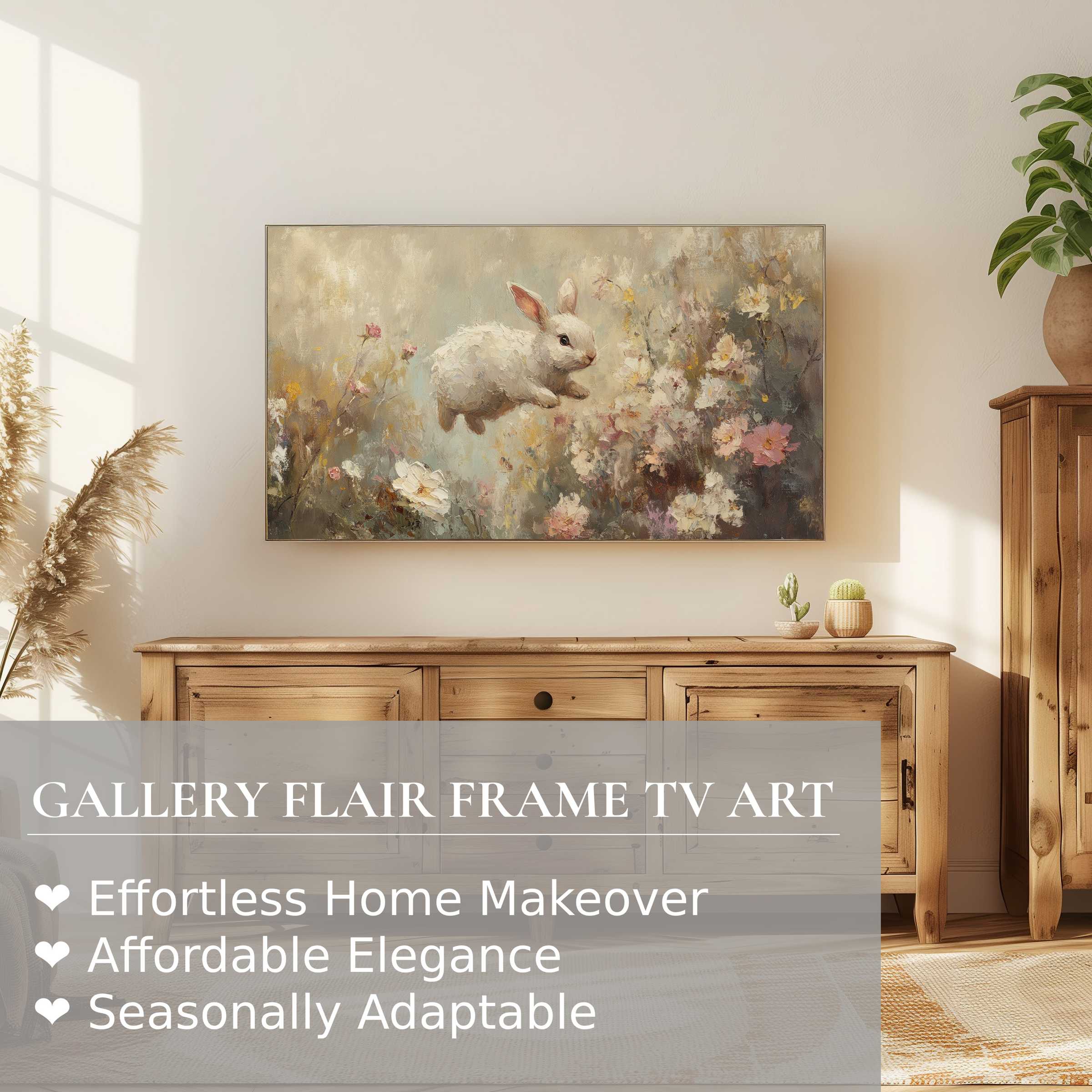 Samsung Frame TV displaying elegant easter digital artwork of a leaping bunny in a soft floral setting