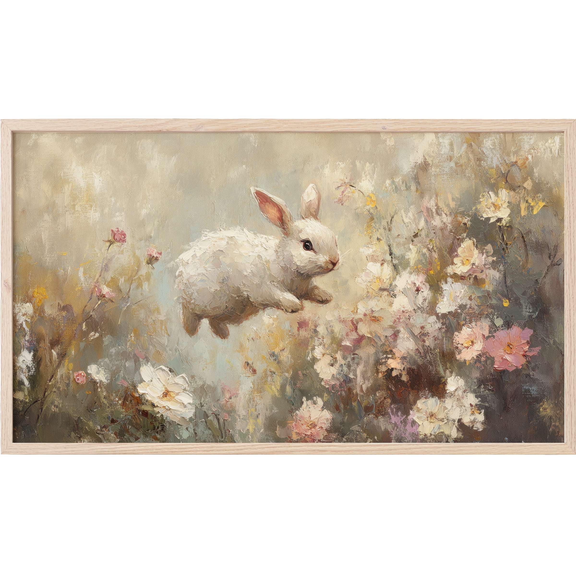 easter Frame TV Art with a textured white bunny leaping over pastel floral blooms in soft, muted earth tones