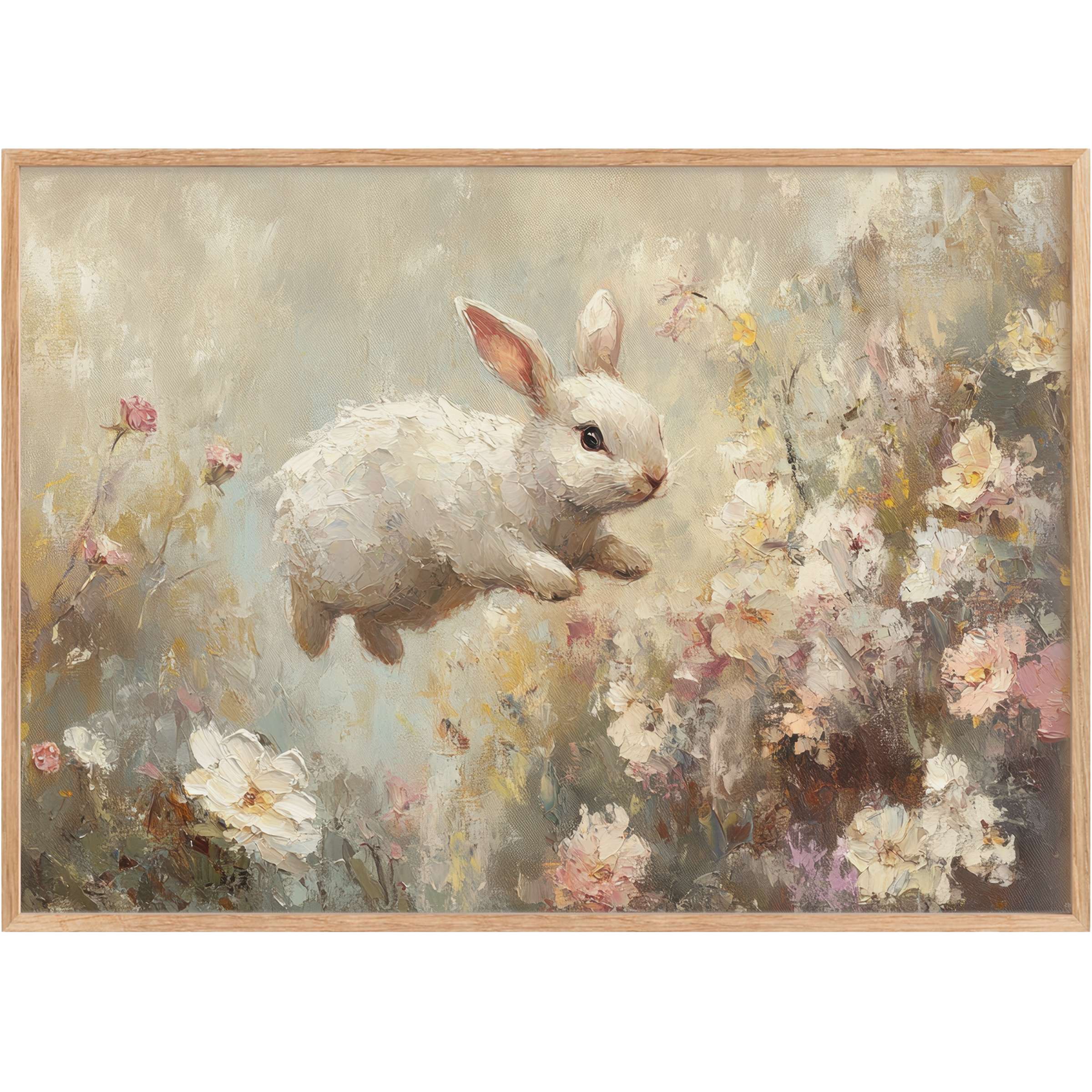 Whimsical easter printable wall art with a soft white bunny amid blooming pastels, creating a serene and hopeful spring ambiance