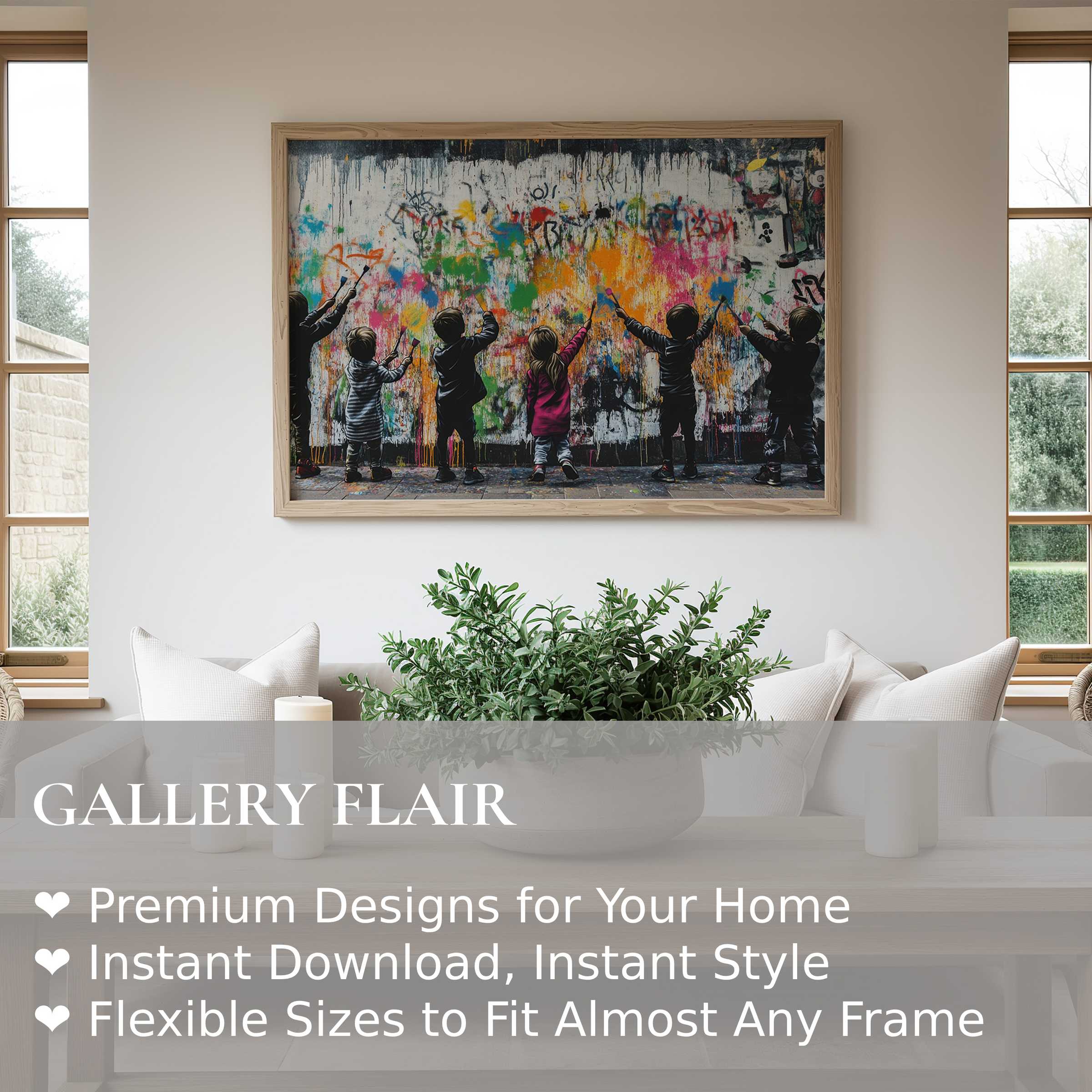 Street art wall art print capturing playful children creating vibrant graffiti, adding bold, contemporary charm to minimalist living spaces