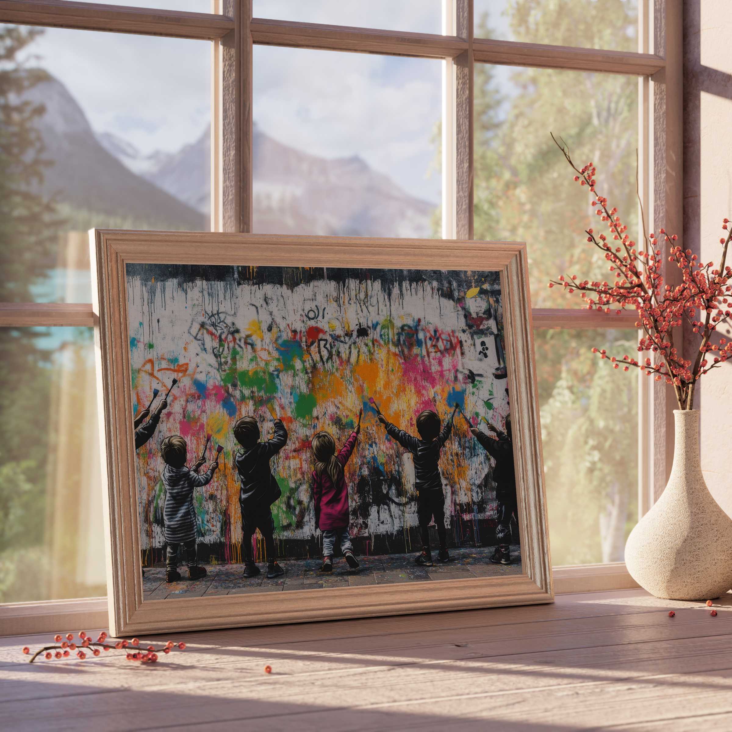 Vibrant street art downloadable art capturing childhood wonder against a dynamic urban canvas, elevating curated, tranquil, design-forward interiors