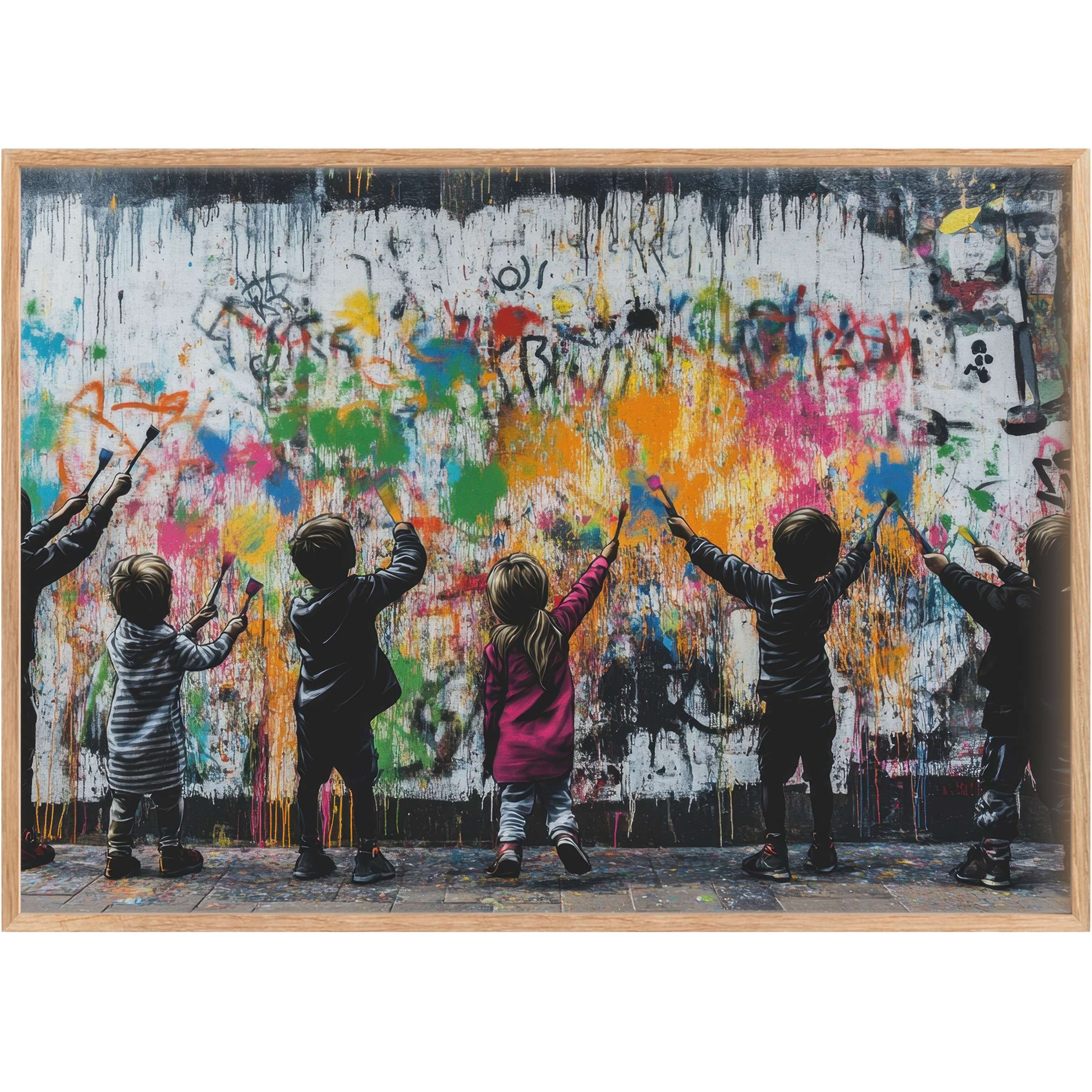 Vibrant street art printable wall art capturing playful children in motion, splashing bold colors of orange, pink, green, and blue, evoking joyful creativity and lively urban spirit