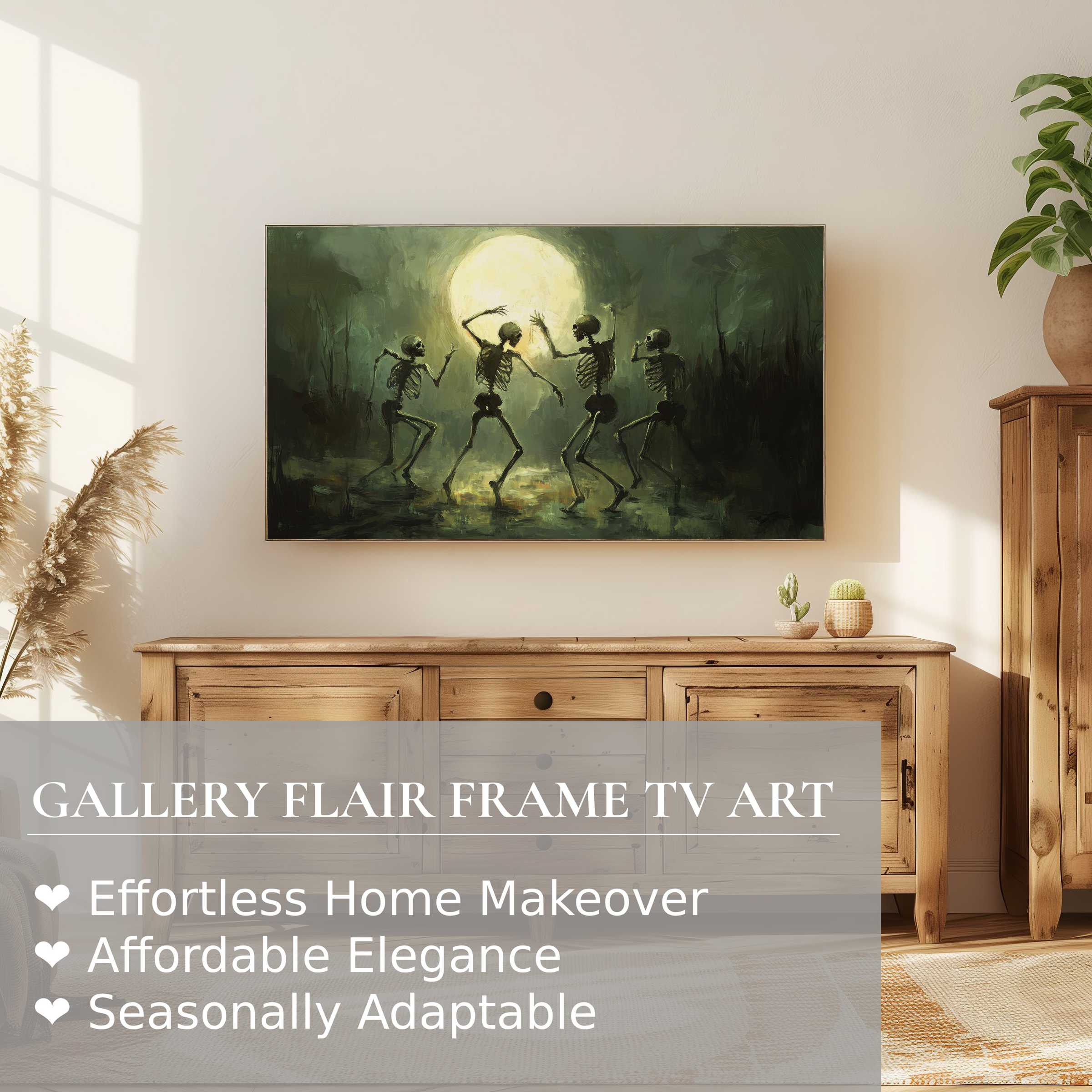Samsung Frame TV displays elegant, moody halloween digital artwork of dancing skeletons beneath a glowing full moon