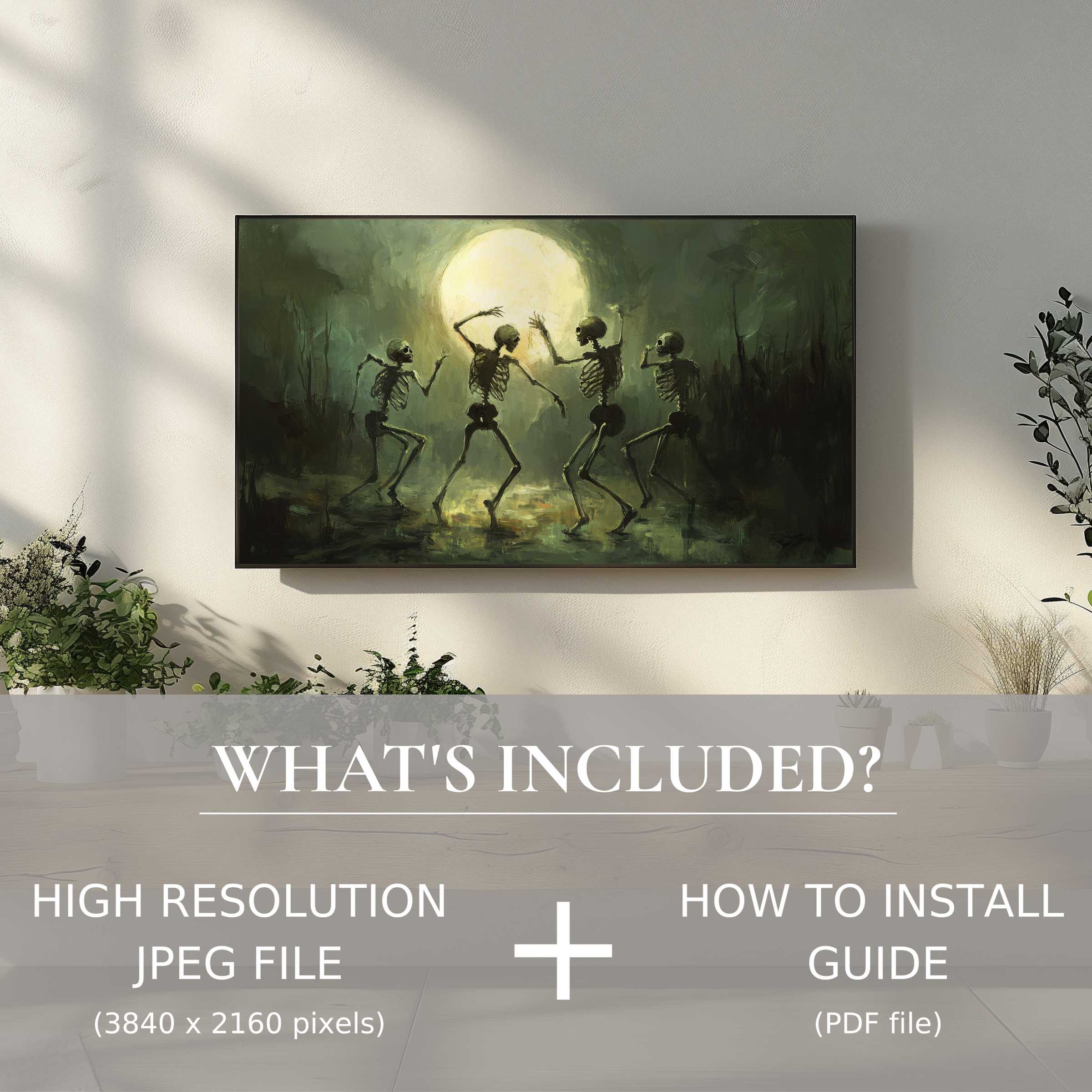 Elegant Halloween digital TV art download featuring dancing skeletons, easily elevating modern living spaces with digital ease