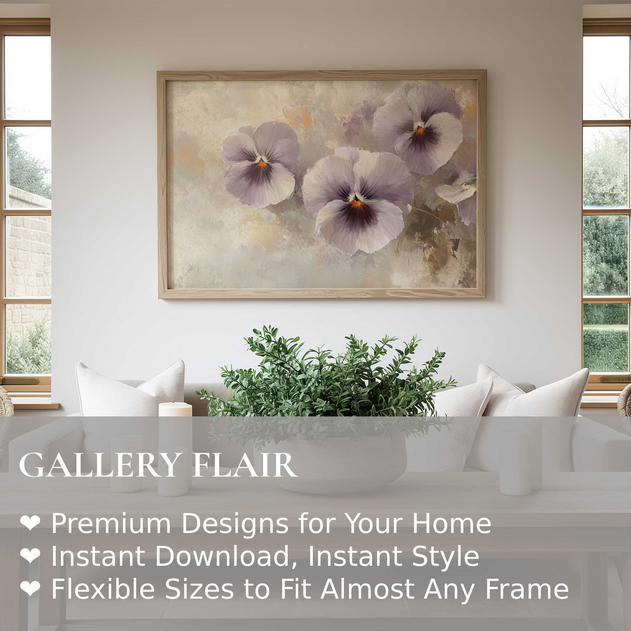 Botanical wall art print featuring soft lavender pansies, evoking serene elegance in a modern rustic living space