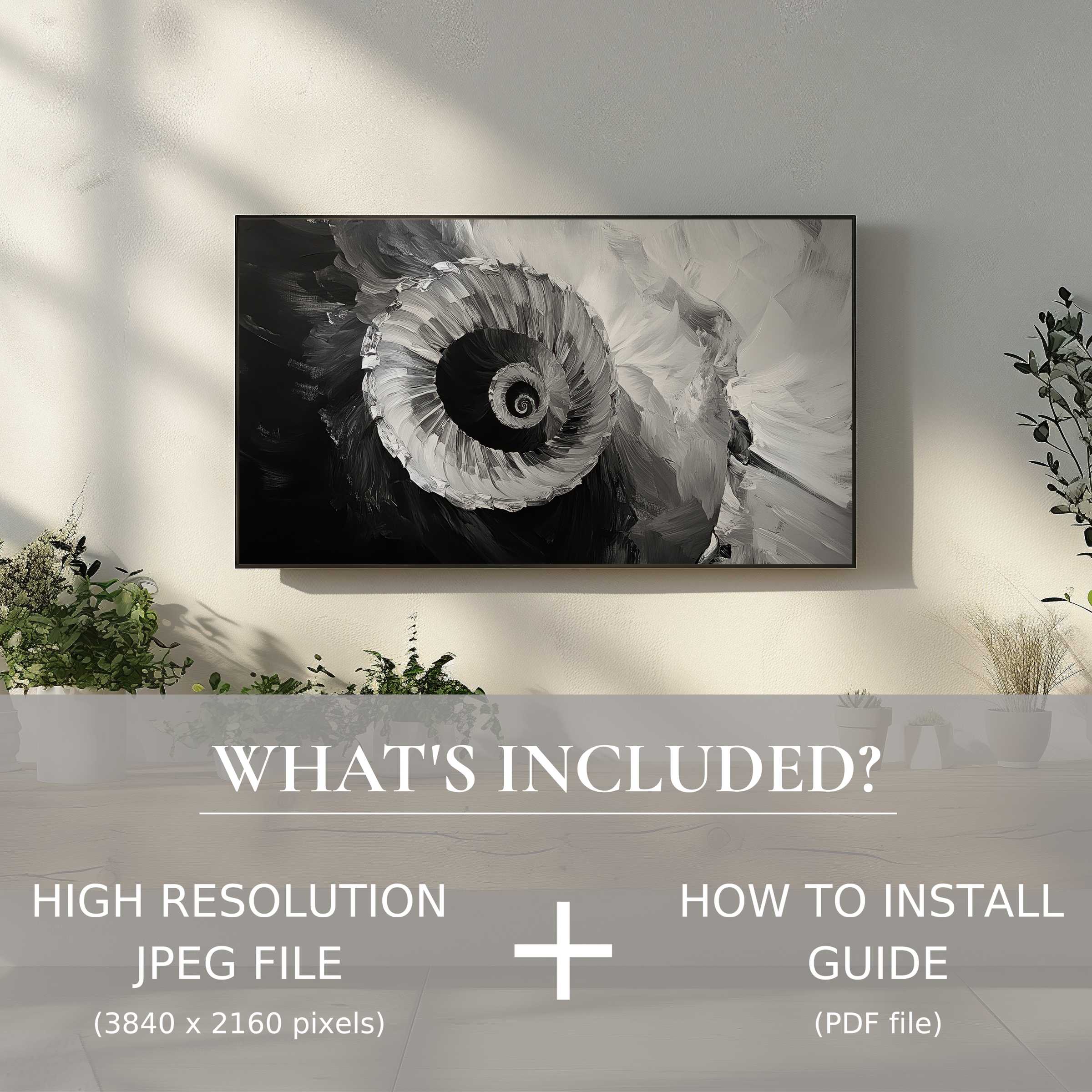 Elegant black and white digital TV art download elevates modern living spaces with easy digital use and stylish flair