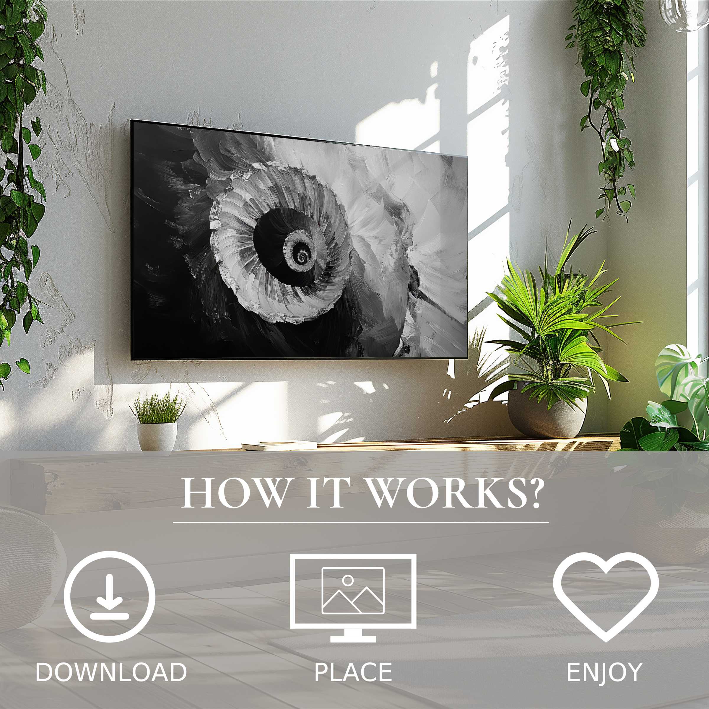 Black and white art for Samsung TV featuring a spiral shell motif, easy digital download enriches modern spaces