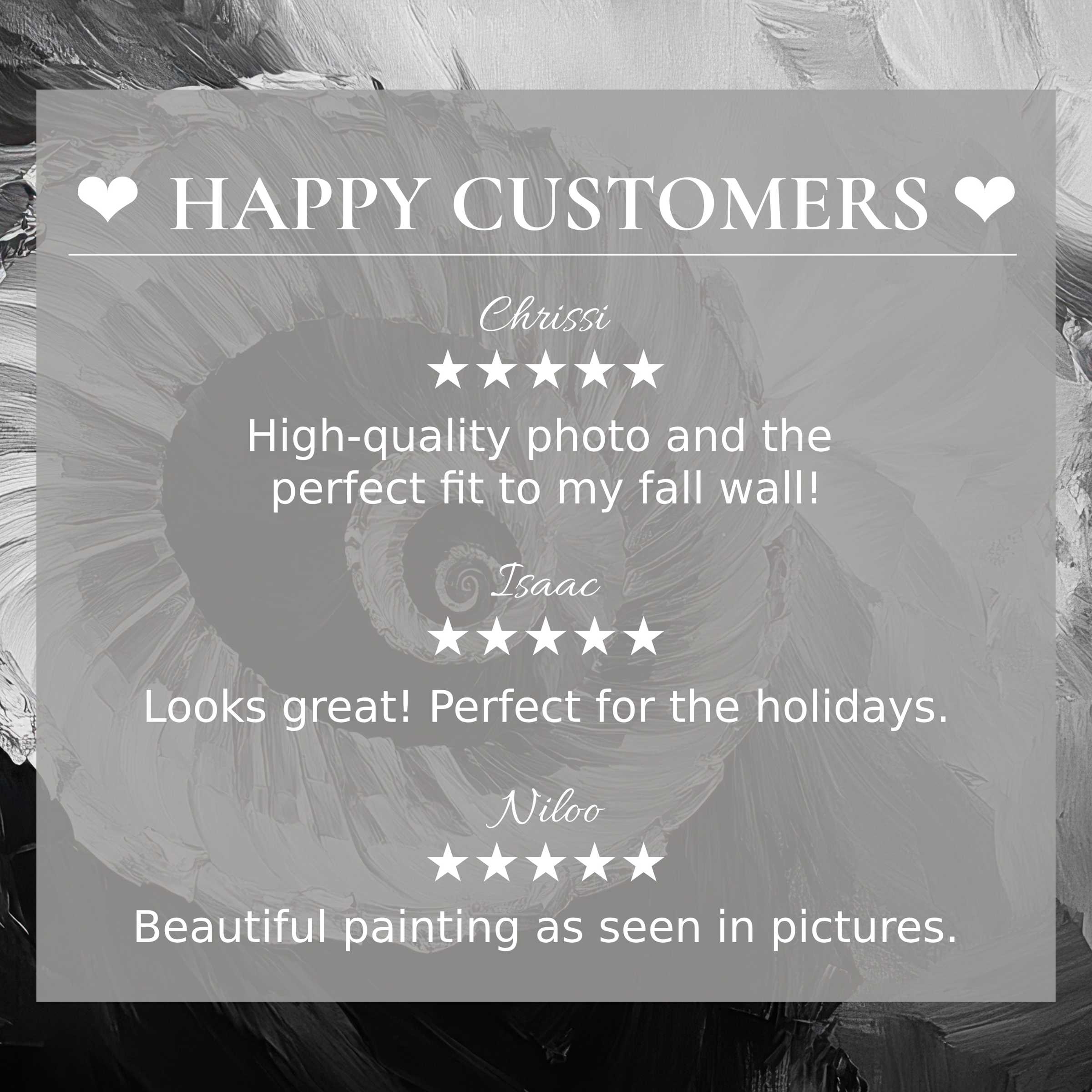Black and white art for Frame TV with abstract swirl background, showcasing a happy customer and trusted positive reviews