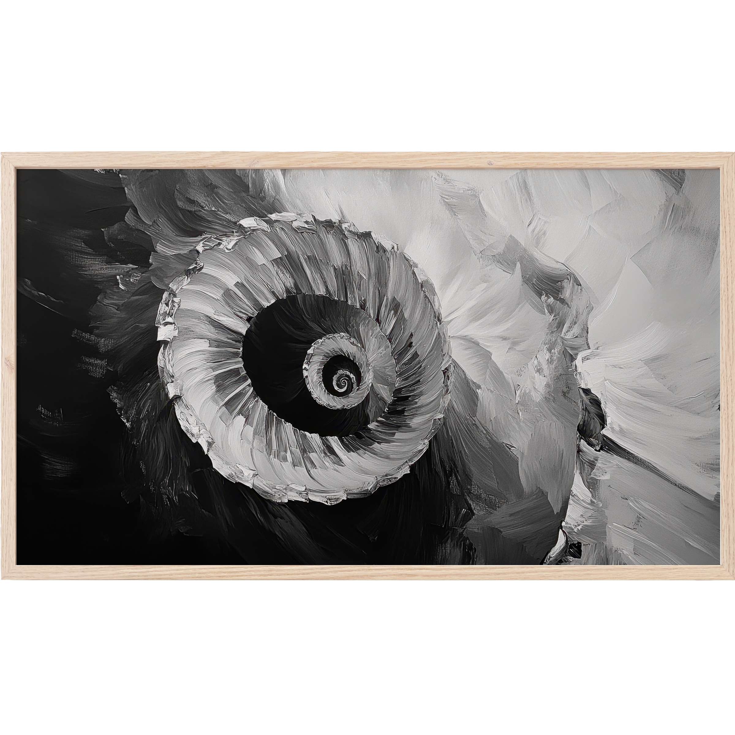 Elegant black and white Frame TV Art of a spiral shell, featuring textured brushstrokes in a modern monochrome style