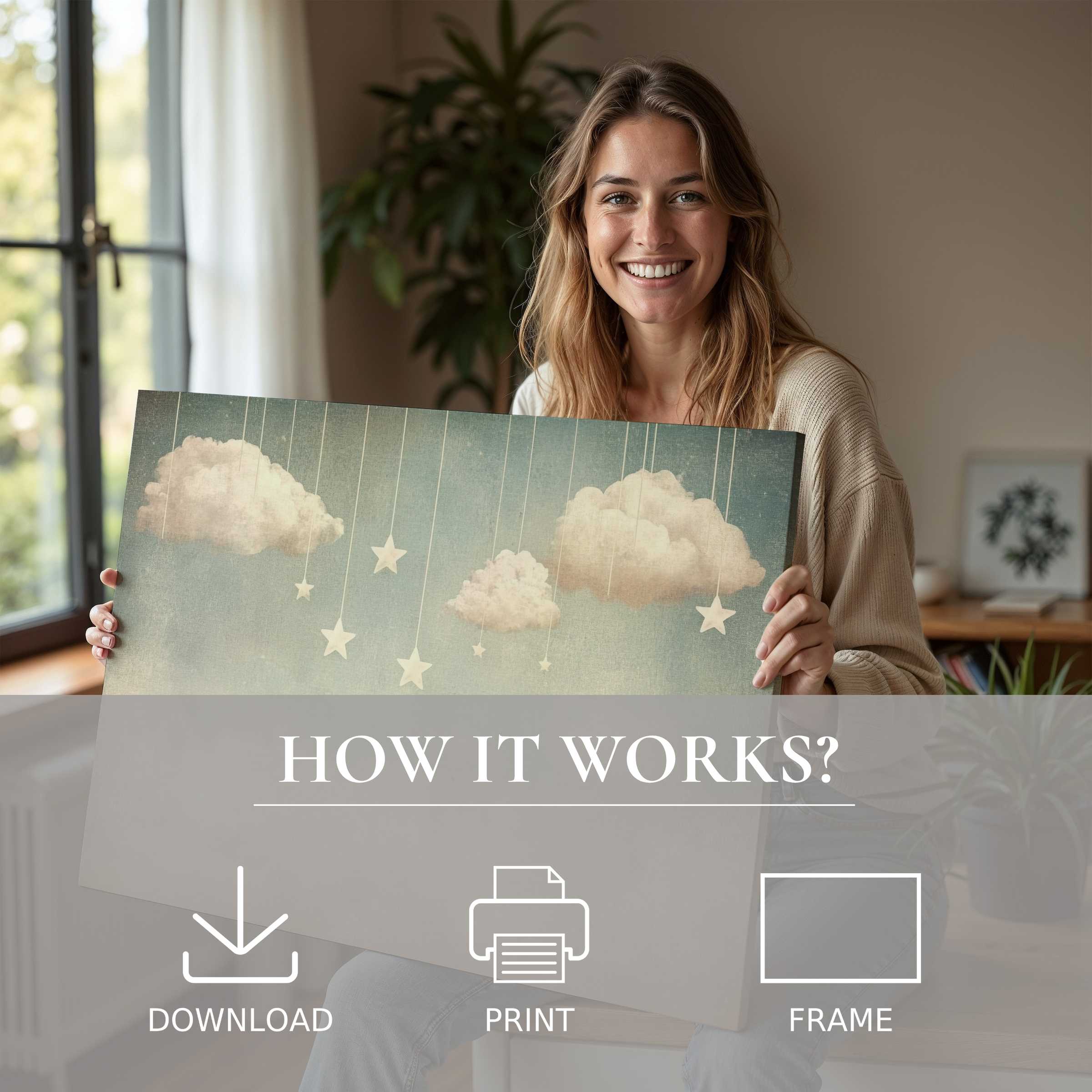 A serene moment of joy unveiling nursery digital art print with dreamy clouds and stars, enriching modern home elegance