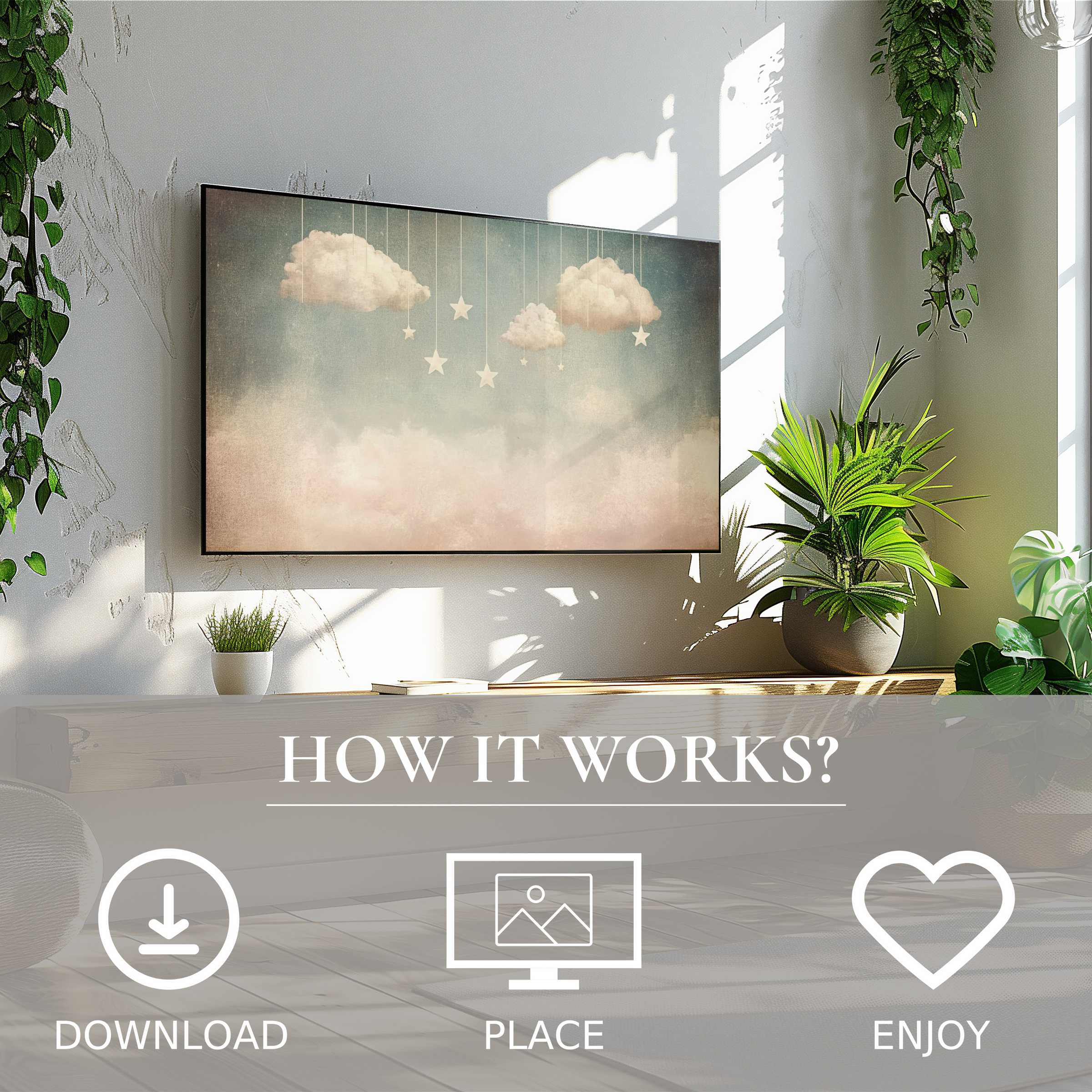 Nursery art for Samsung TV shows soft clouds and stars motif with easy digital download enriching any modern living space