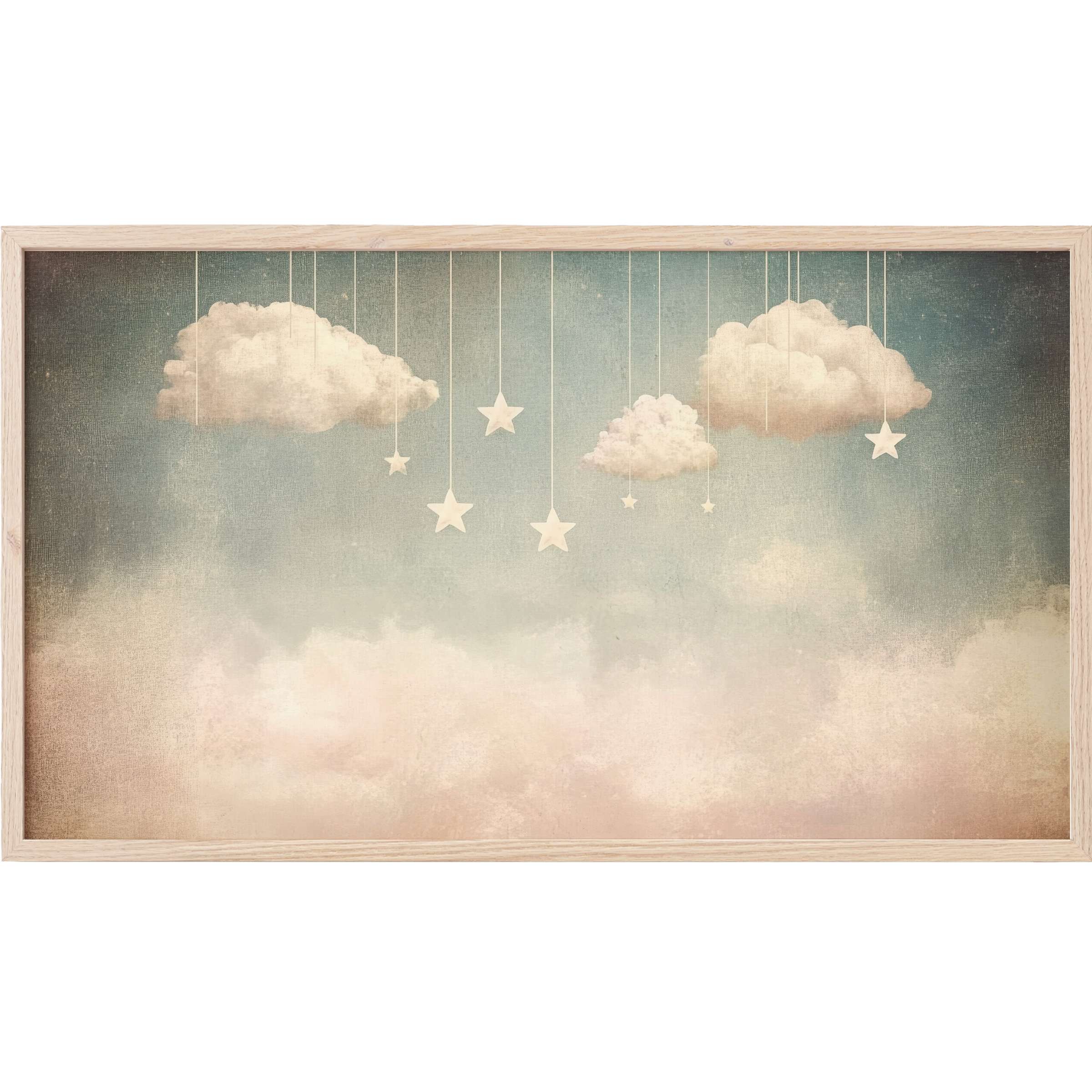 Dreamy pastel clouds with hanging stars in muted blues and creams, elegant nursery Frame TV Art for modern decor