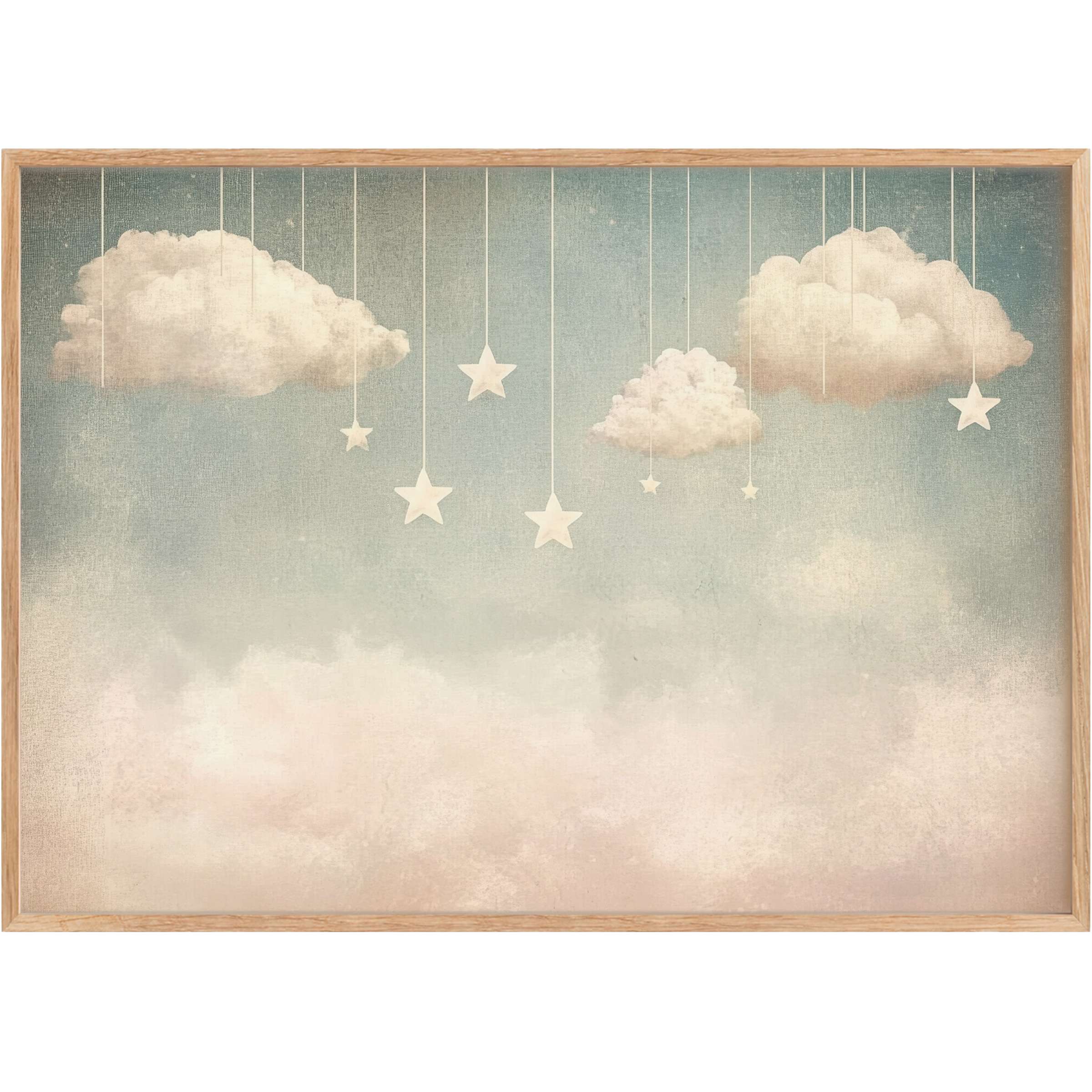 Soft blue and creamy beige nursery printable wall art with floating clouds and stars, creating a serene, dreamy atmosphere