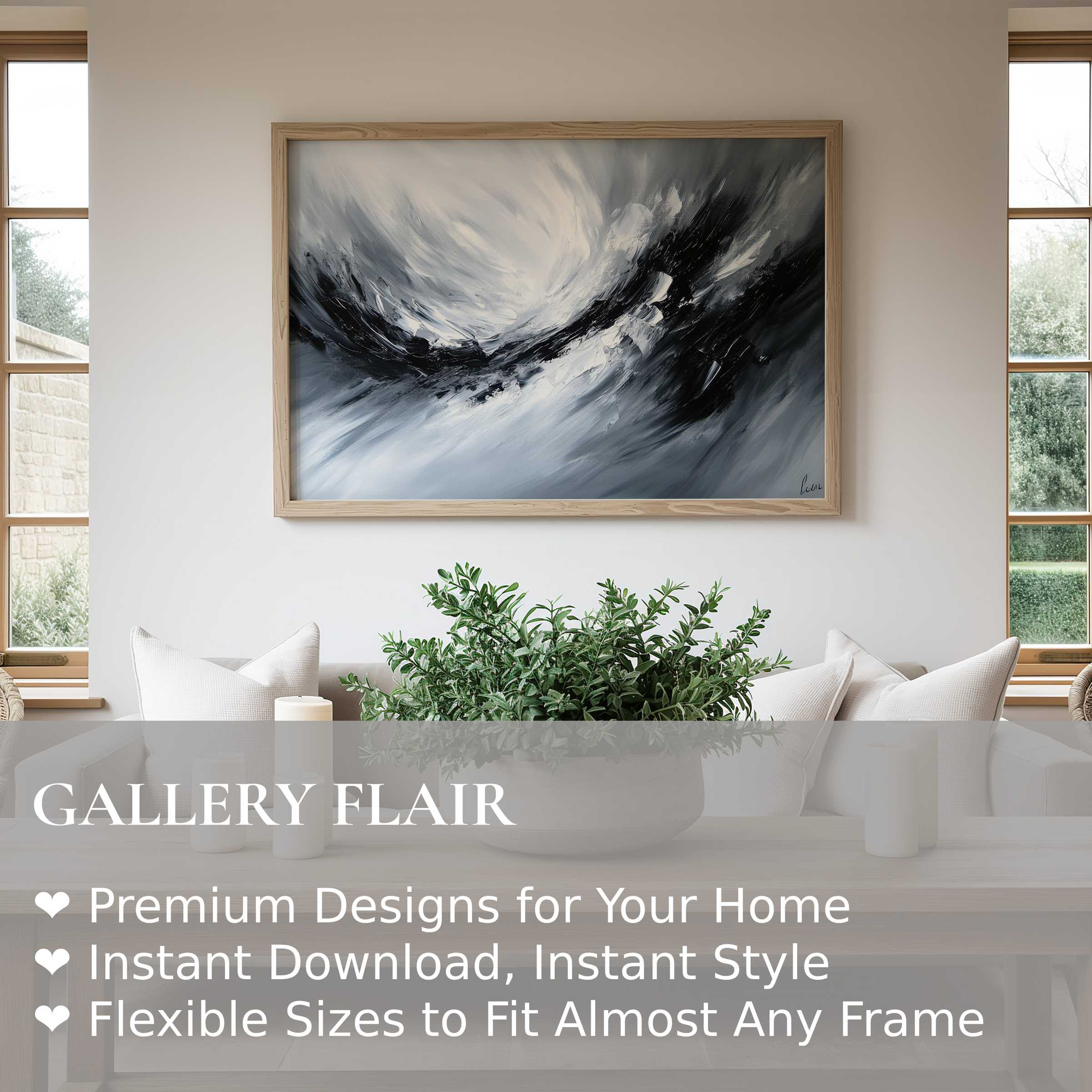 Abstract wall art print in monochrome tones, evoking dynamic movement and calm Enhances minimal, modern interiors with sophisticated elegance