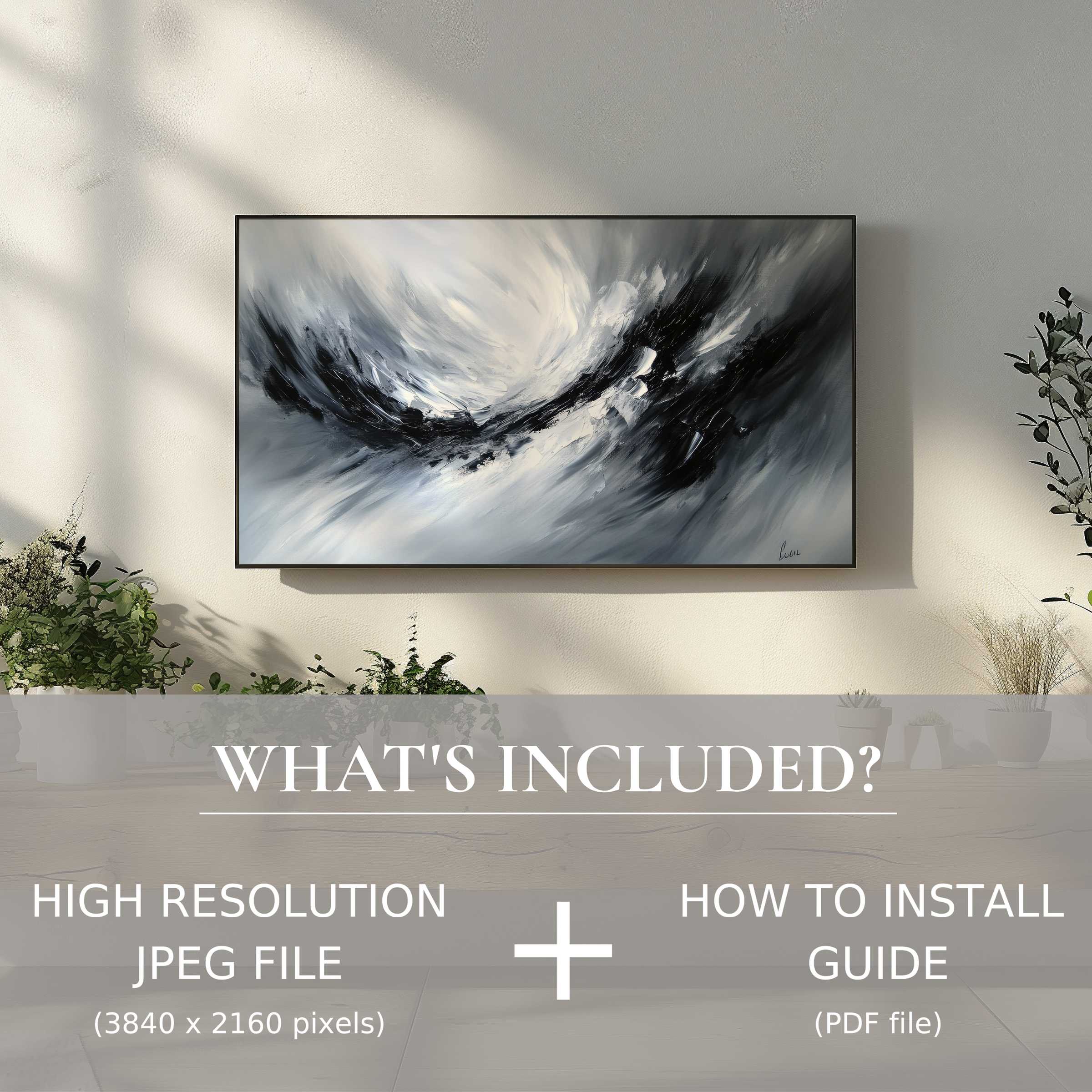 Elegant abstract digital TV art download, easy to use, enhances modern living spaces with dynamic monochrome flair
