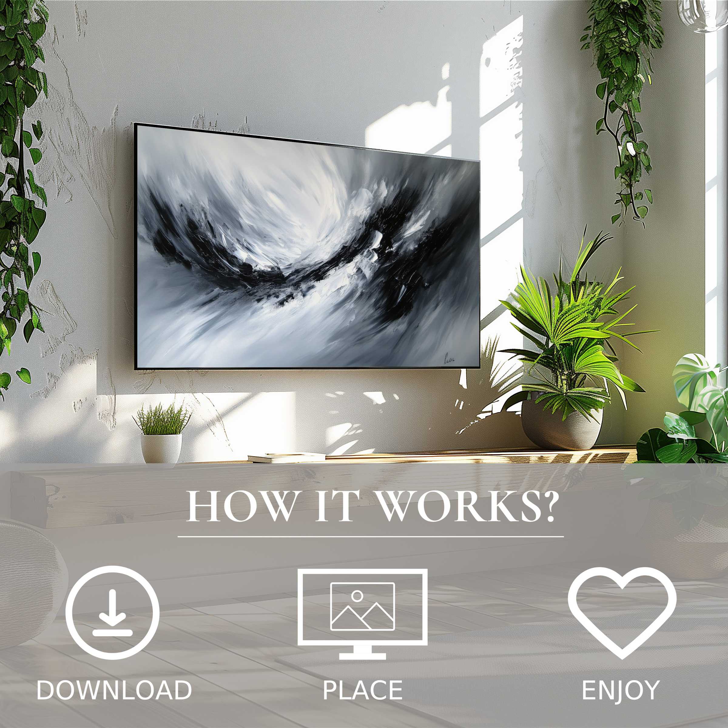 Modern living room with green plants, abstract art for Samsung TV in gray swirl tones, easy digital download decor